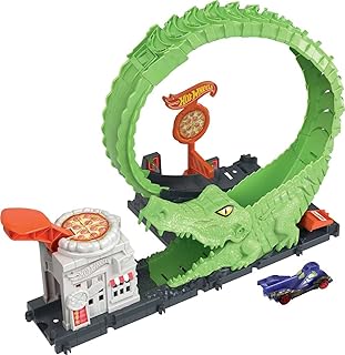 Hot Wheels Toy Car Track Set Gator Loop Attack Playset in Pizza Place with 1:64 Scale Car, Connects to Other Sets