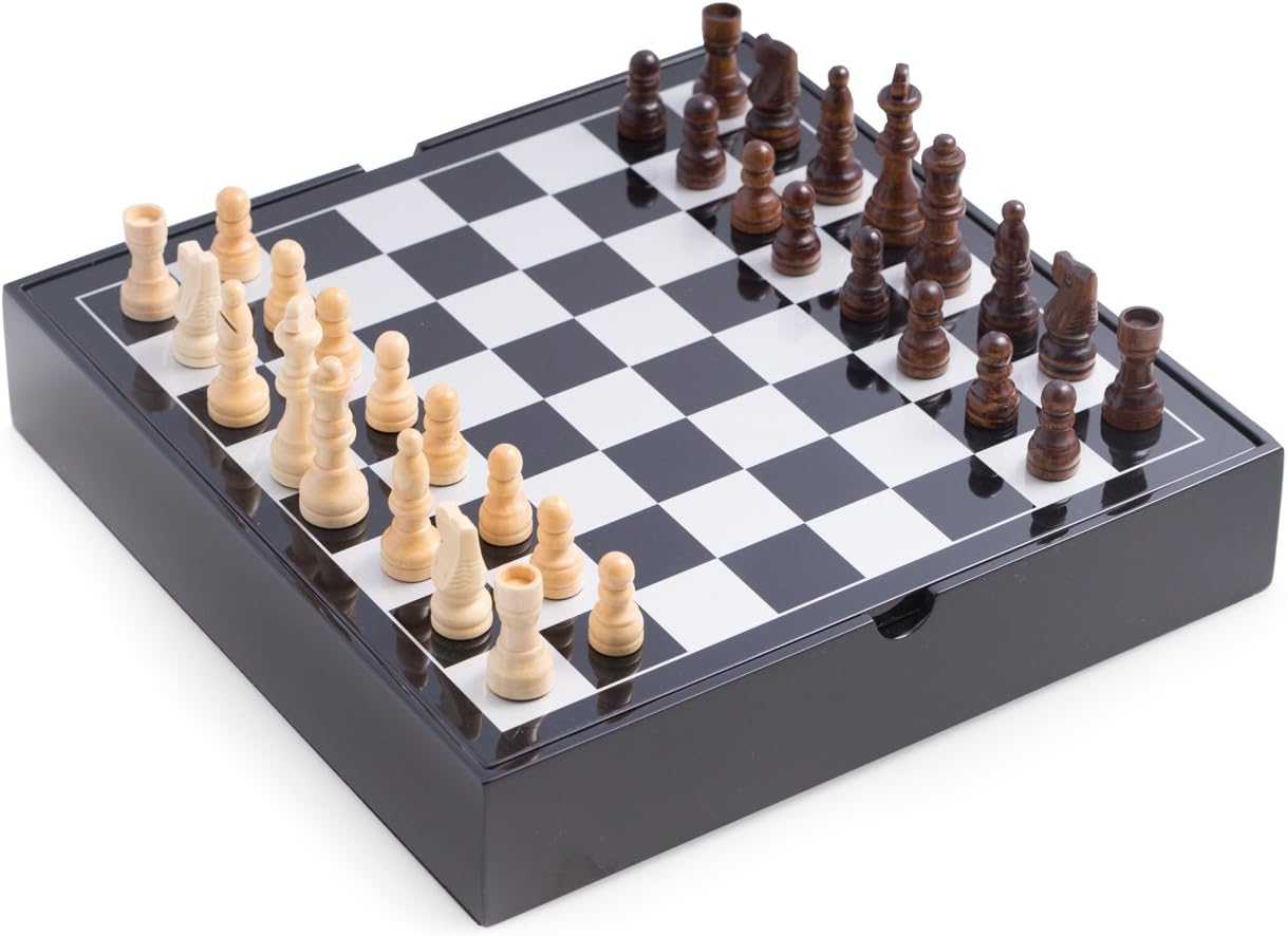 Bey-Berk Evan Black Lacquer Wood Multi-Game Set, Chess, Backgammon, Cribbage, Dominos, Poker Dice and Playing Cards in Wooden Case