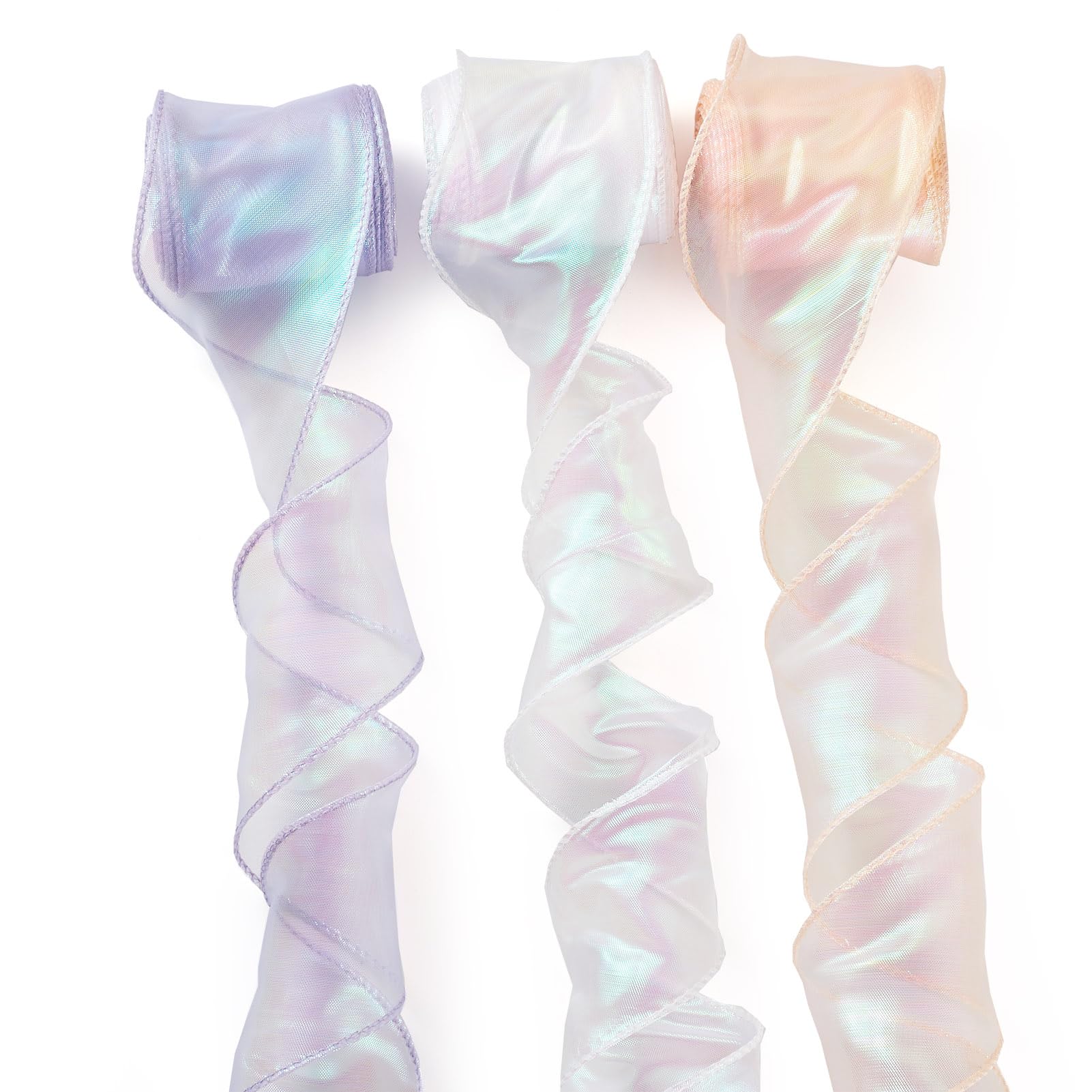 Beadthoven - 3 rotoli di nastri in poliestere iridescente, 60 mm, in chiffon trasparente, luccicante, per bouquet, fiocchi, ghirlande, decorazioni fai da te