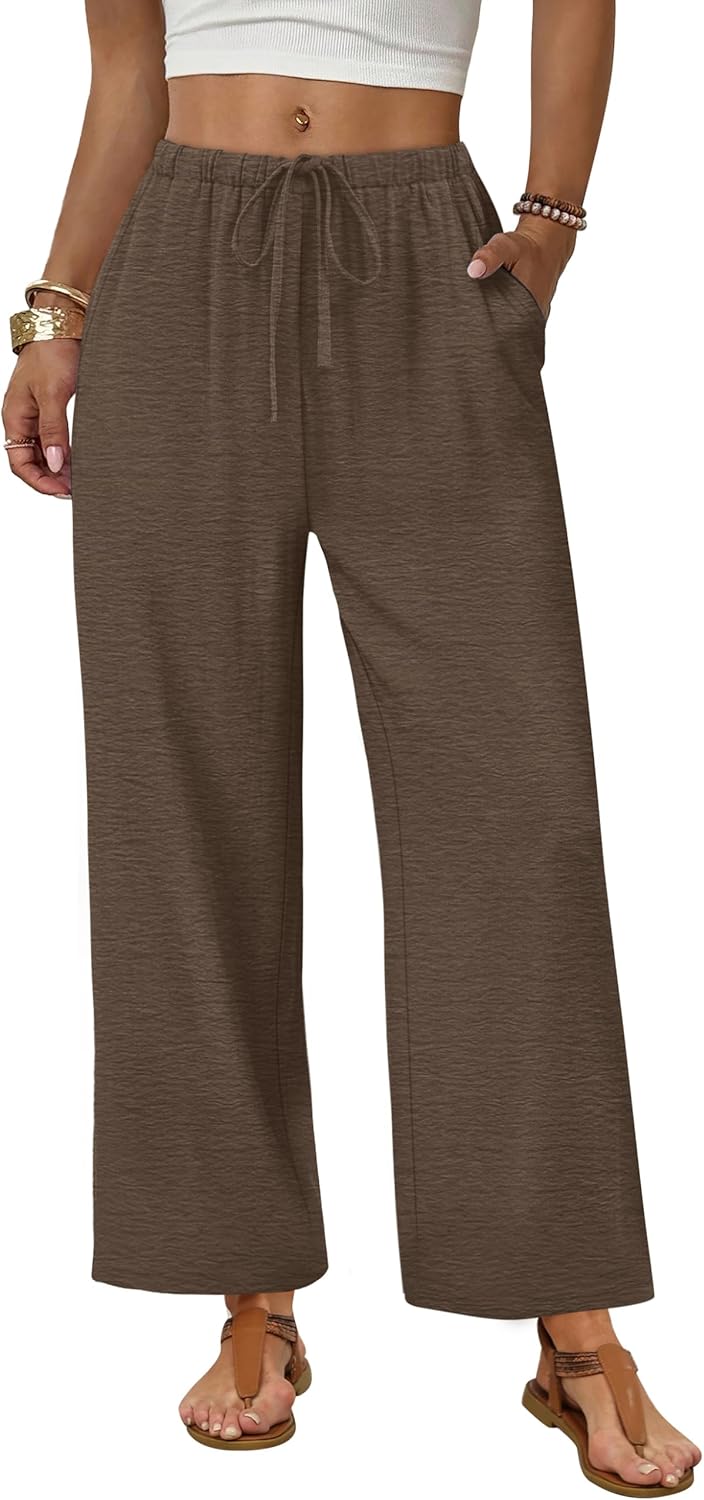 Sampeel Wide Leg Pants Women Casual Palazzo Drawstring Elastic Waist Trousers with Pockets Summer Beach Vacation Clothes