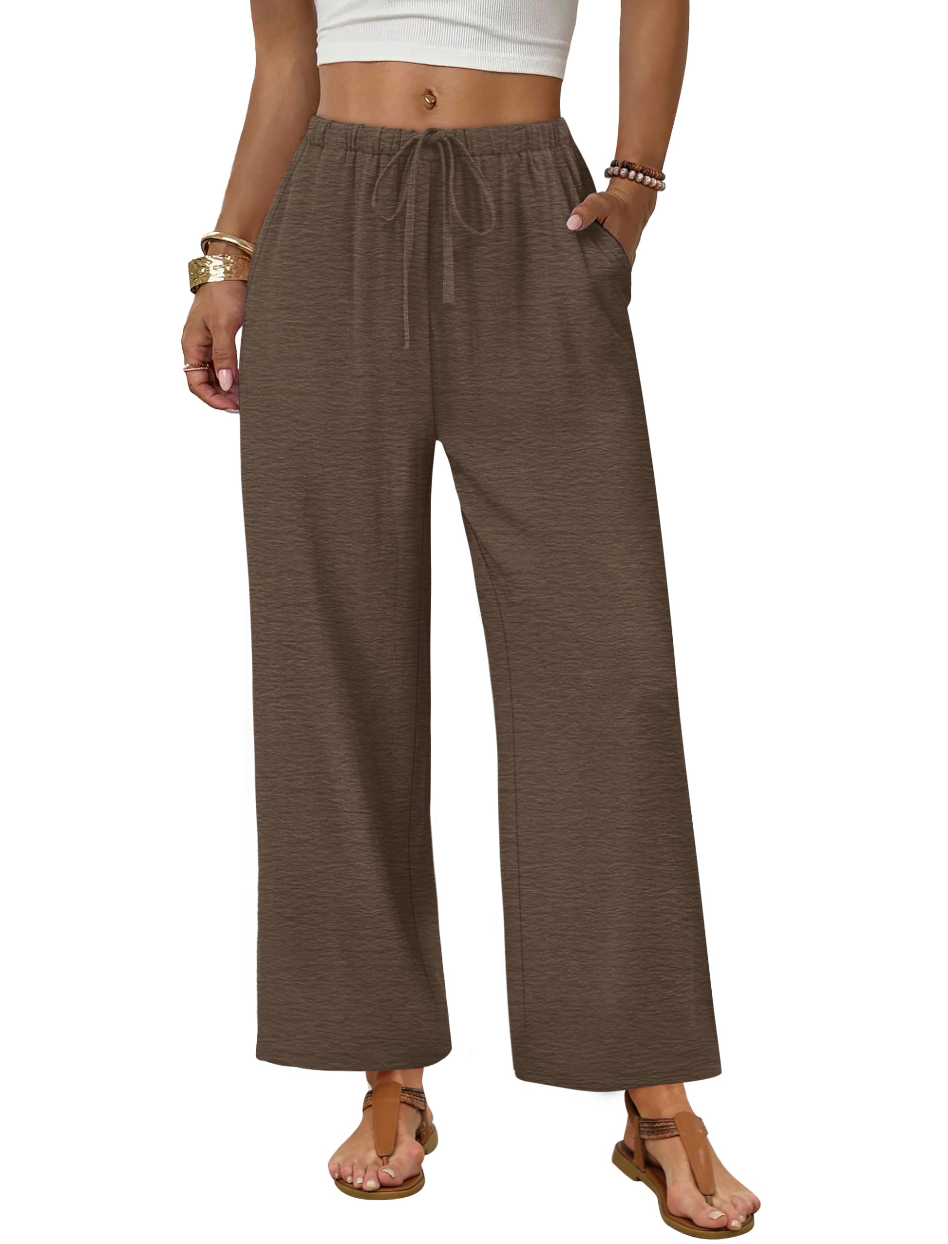 Sampeel Wide Leg Pants Women Casual Palazzo Drawstring Elastic Waist Trousers with Pockets Summer Beach Vacation Clothes — view 7