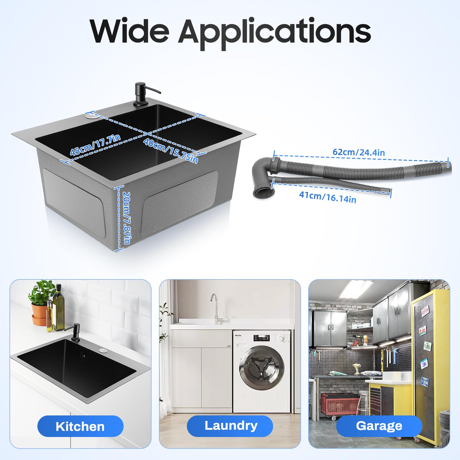 Lavello da incasso in acciaio inox nero-grigio con cestello di scarico, angolare, lavandino con distributore di sapone e tubo di scarico per case, ristoranti, lavanderie, bar, cucine, hotel, ecc