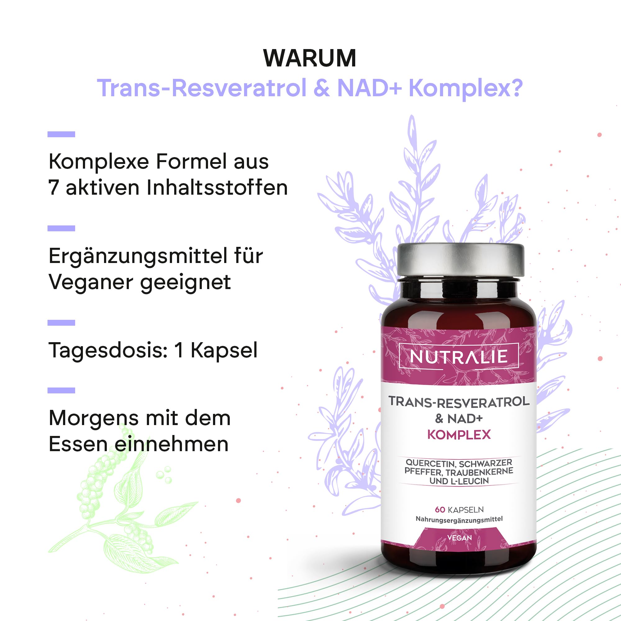 Trans Resveratrol NAD+ 686mg Komplex - Quercetin OPC Piperin und L-Leucin - 60 Kapseln Nutralie