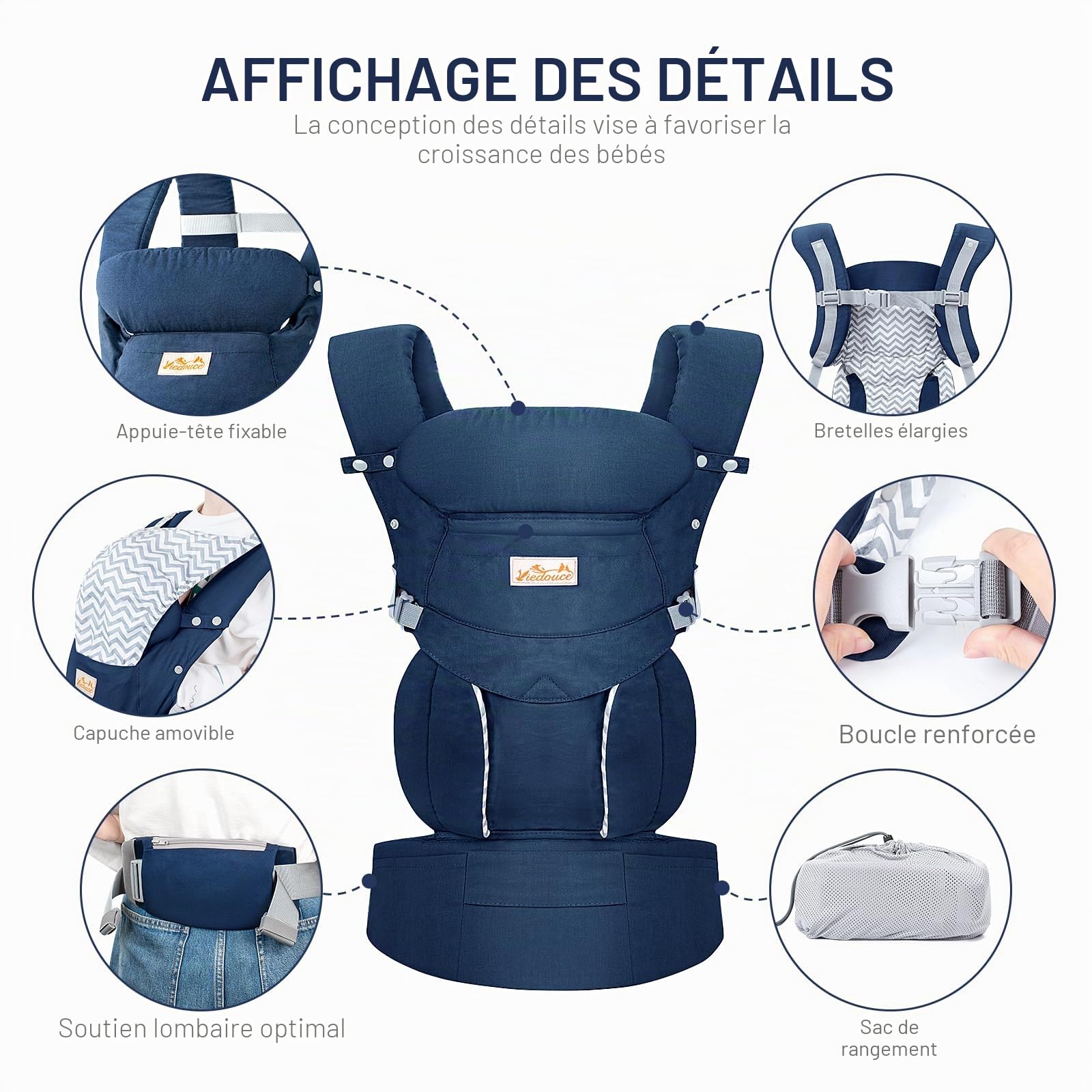 Viedouce Porte-Bébé Physiologique, Porte Bebe Naissance avec Ergonomique bébé porte-bebe pour nouveau-nés et petits enfants de 3 à 36 mois (3 à 20 kg)