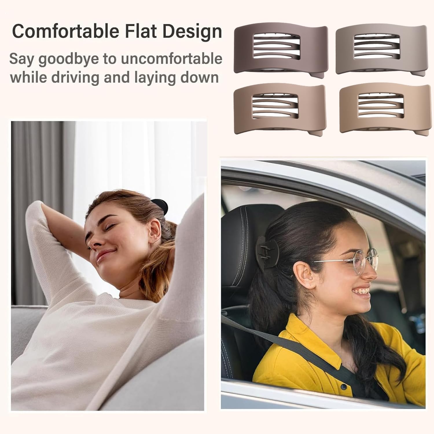 4 Pack Flat Hair Clips for Women, Large French Rectangle Lay Flat Claw Clips for Thick Thin Hair, Strong Hold No Crease Matte Hair Styling Accessories (Brown)