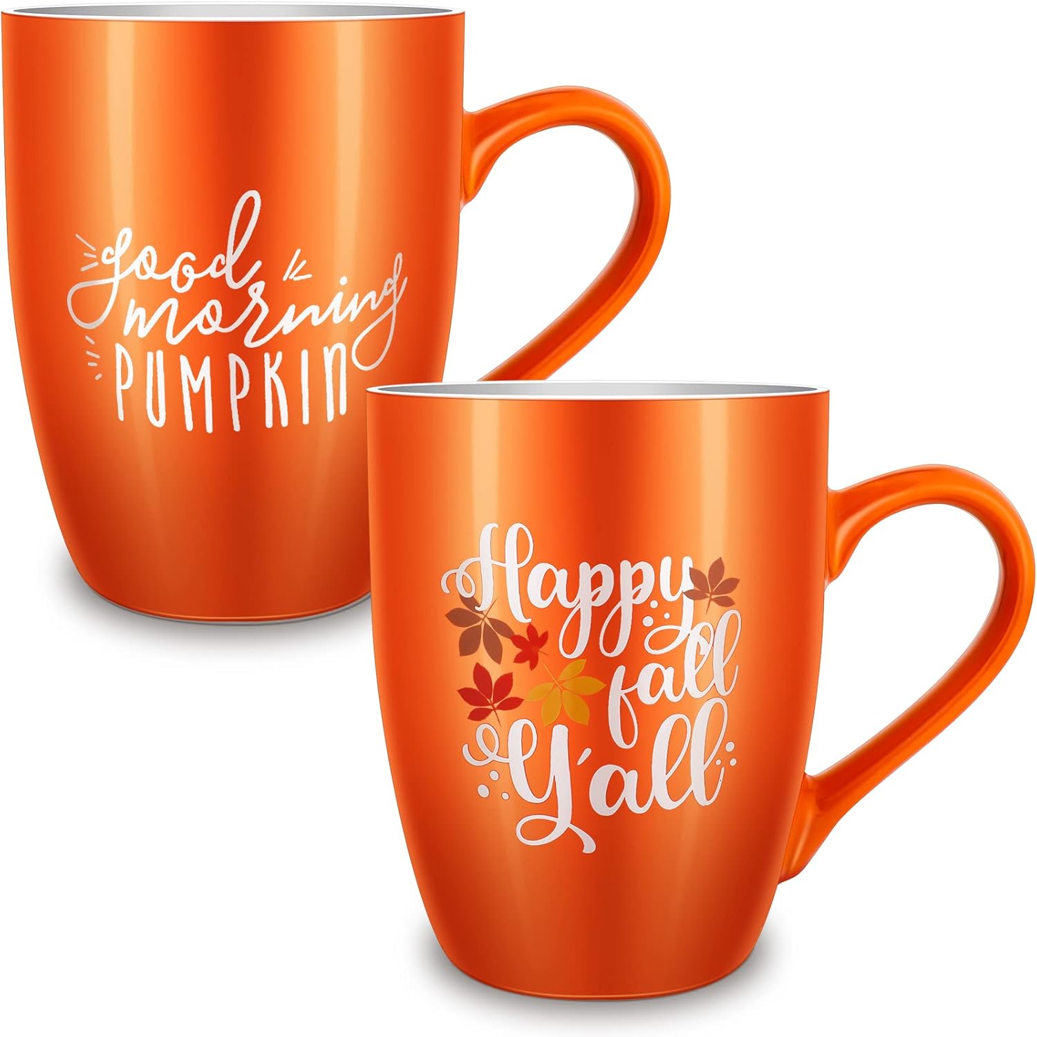 Funtery 2 Pcs Thanksgiving Coffee Mugs Fall Mugs Autumn Pumpkins Cups Happy Fall Y’all Coffee Mug Good Morning Pumpkin Cup Camp Mug Campfire Mug Ceramic Cup for Home Women Men Mom Dad (Orange)