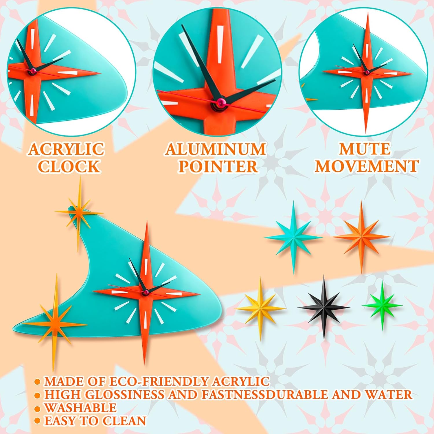 Thyle 25 inch Mid Century Modern Wall Clock Decor with 5 Pcs Retro 3D Star Art Wall Sculpture Starburst Clock art Vintage Home Decor Accent for Living Room Bedroom Office(Retro)