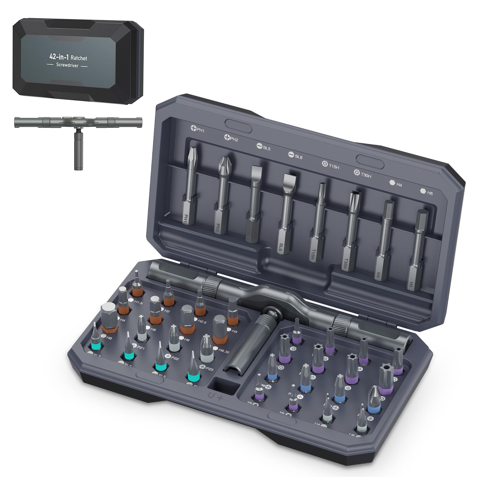 Juego de destornilladores magnéticos, juego de destornilladores de trinquete 42 en 1, juego de accionamiento magnético de múltiples puntas con 40 puntas magnéticas, kit de herramientas de