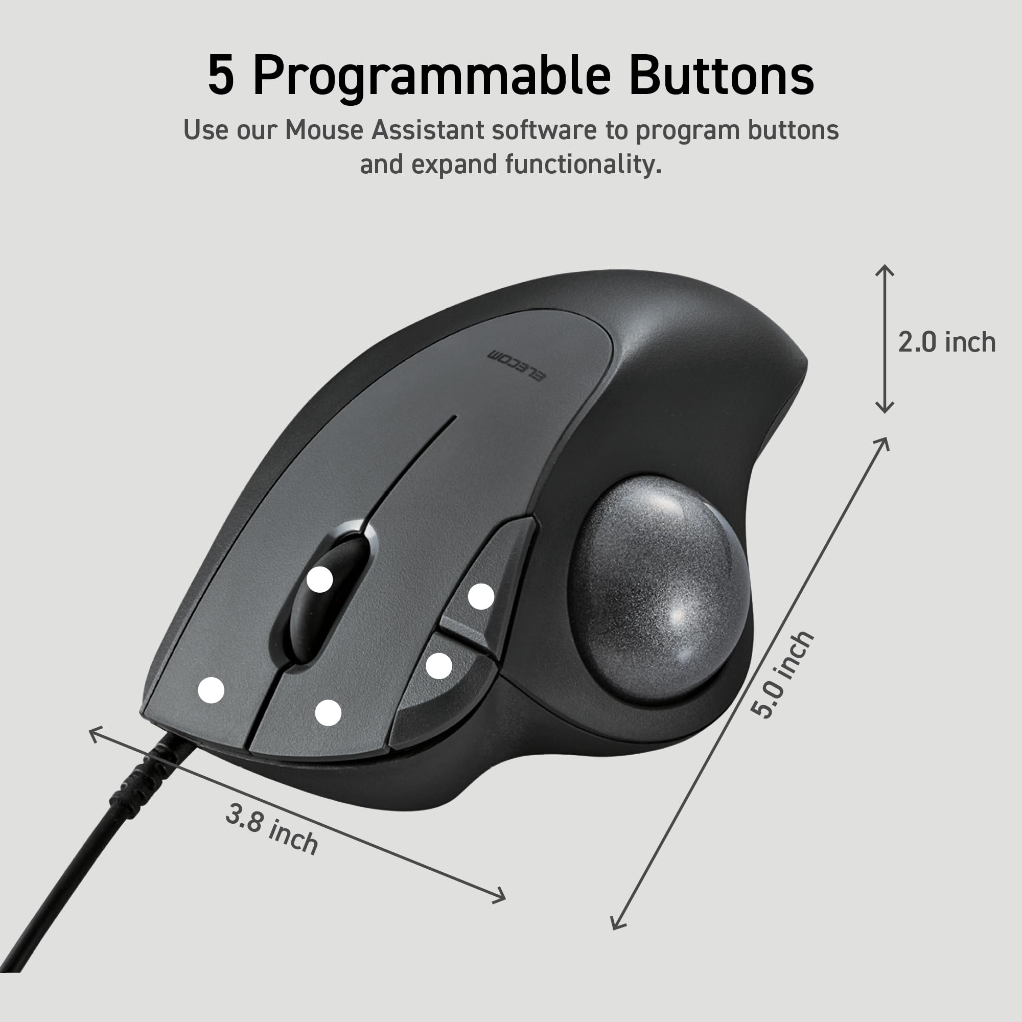 ELECOM Trackball IST filaire USB-A au design ergonomique et confortable, suivi super fluide avec roulement à bille, bille de 36 mm, contrôle du pouce, compatible avec Windows, PC et Mac Noir