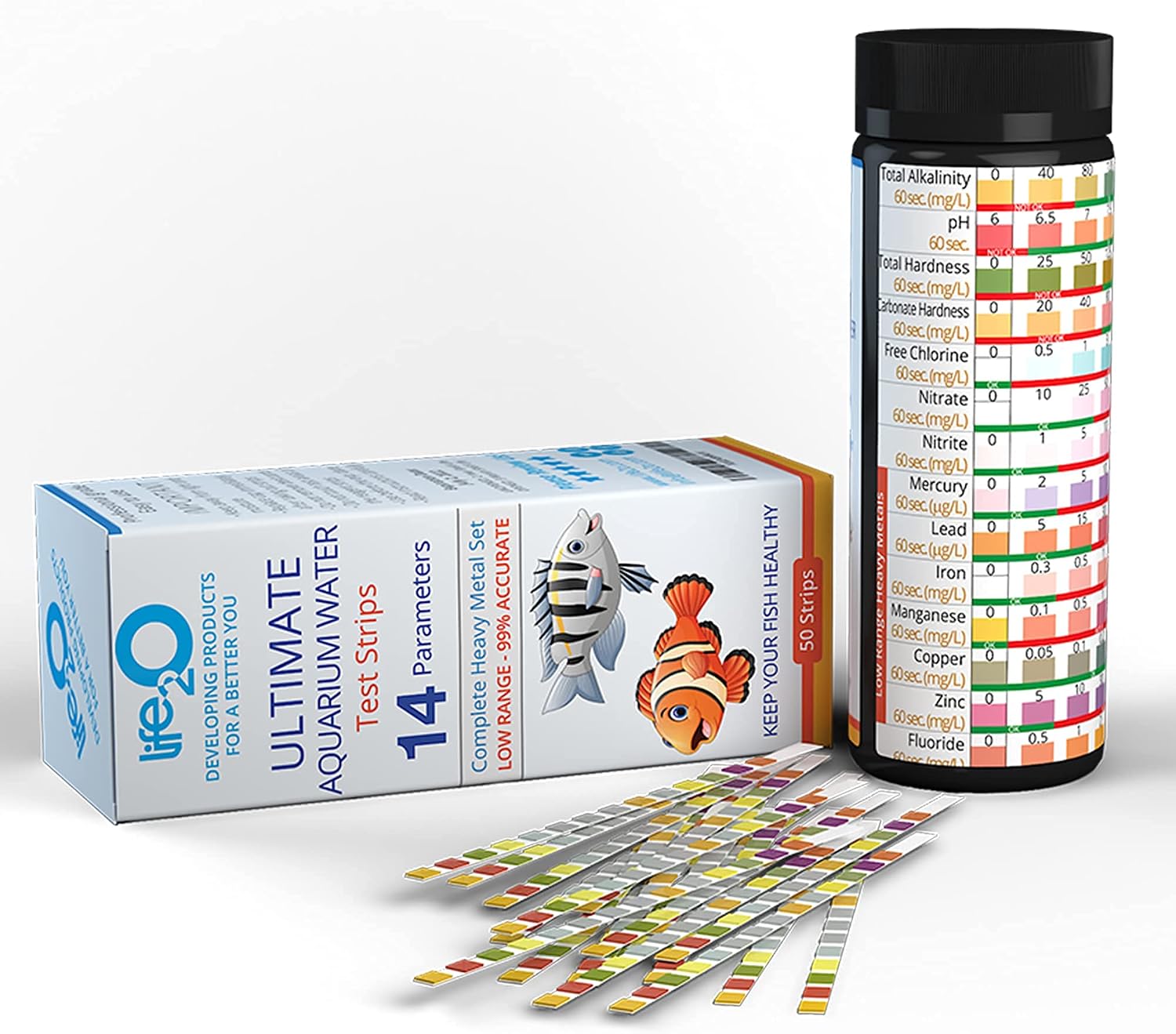 ULTIMATE 14-in-1 Aquarium Test Kit with Trace Heavy Metals | 50 Water Testing Strips for Fresh-Water or Salt-Water Aquarium, Fish-Tank, Reef & Pond | Alkalinity, pH, Nitrate, Carbonate Hardness & More