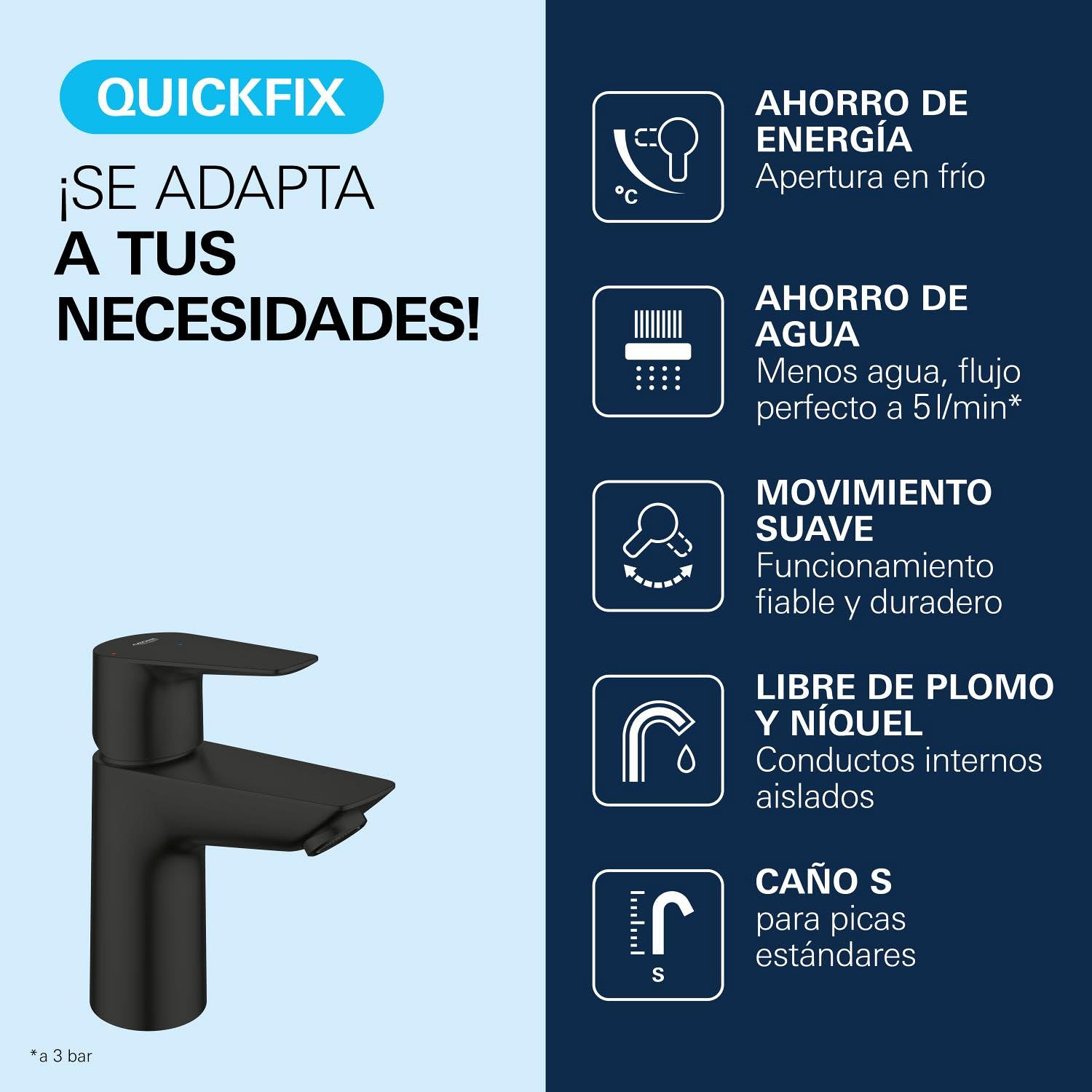 GROHE Start Edge QuickFix – Grifo de lavabo (Tamaño S, cuerpo liso, desagüe Push-Open, ahorro agua/energía, cartucho 28mm, QuickTool incluido), Negro Mate, 239002431