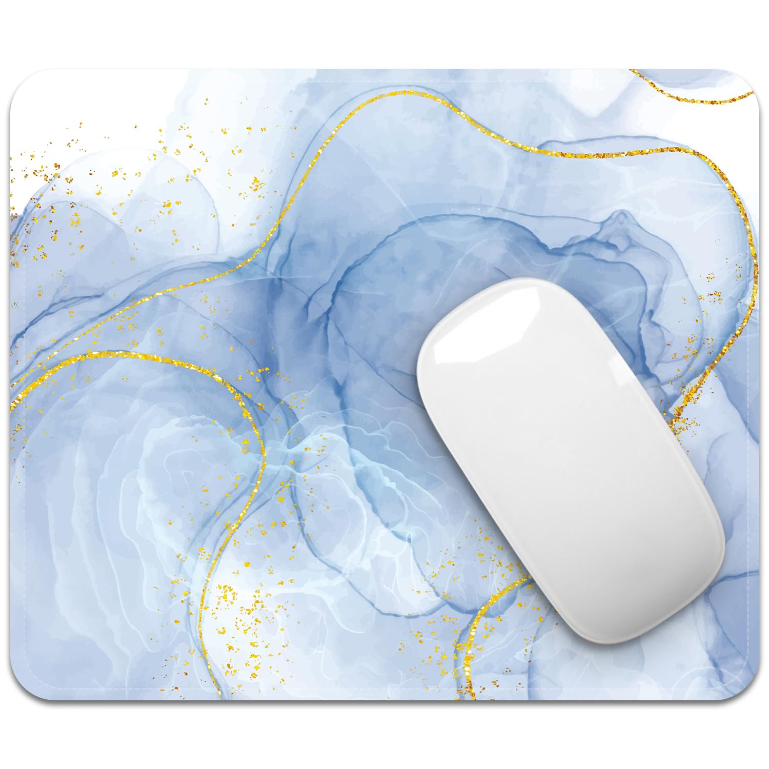 FROGIGO Mouse Pad with Stitched Edges - Elegant Marble Mousepad for Women, 9.25 x 7.75 inch Washable Square Desk Pad, Non-Slip Rubber Base, Office Home Laptop Accessories - Blue Marble
