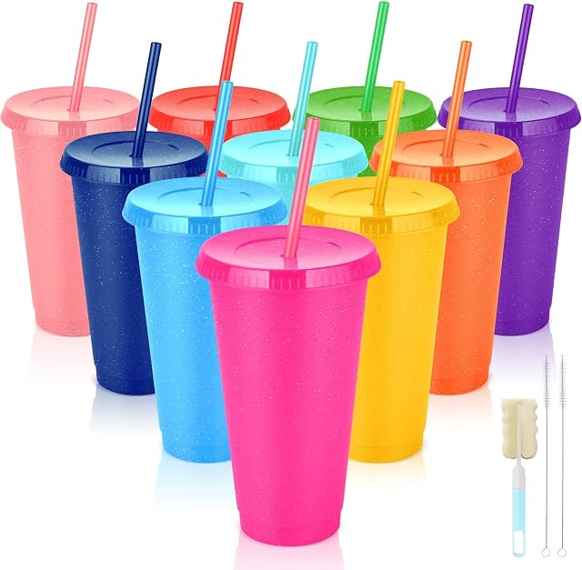 NUZEKY Reusable Plastic Cups with Straws & Lids - 10Pcs 24oz Cold Iced Coffee Drinking Cup Colorful Straw Tumblers Bulk - Cute Durable Travel Party Cup for Adults