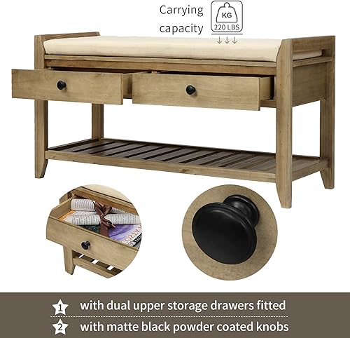 Miniatura 7 de P PURLOVE Zapatero con asiento y cajones acolchados, zapatero de entrada para puerta delantera, pasillo, sala de estar Gris desteñido,Azul marino