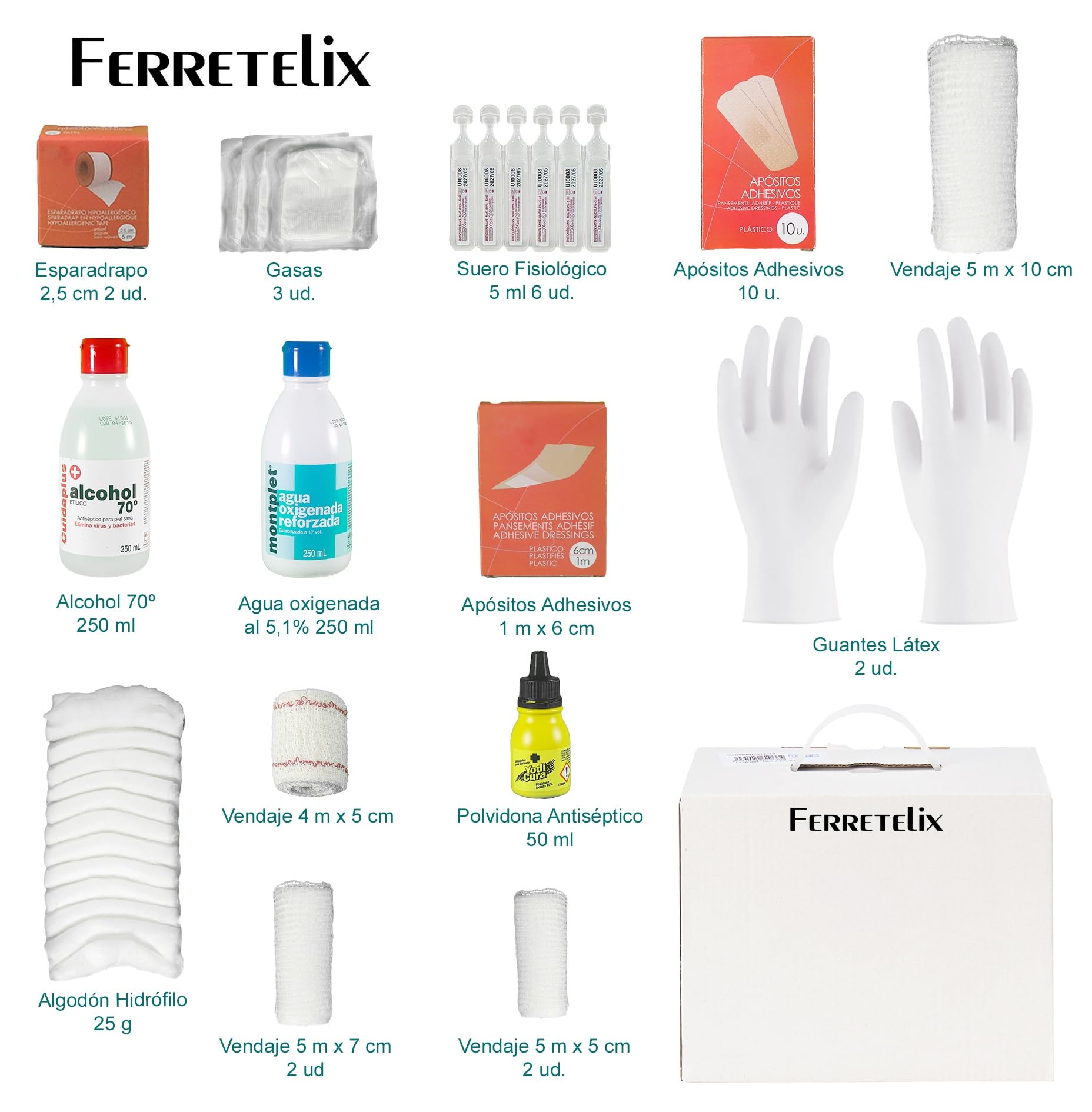 Kit reposicion Armario/maletin botiquin primeros auxilios con productos homologados cumpliendo la normativa CE Fabricado en España