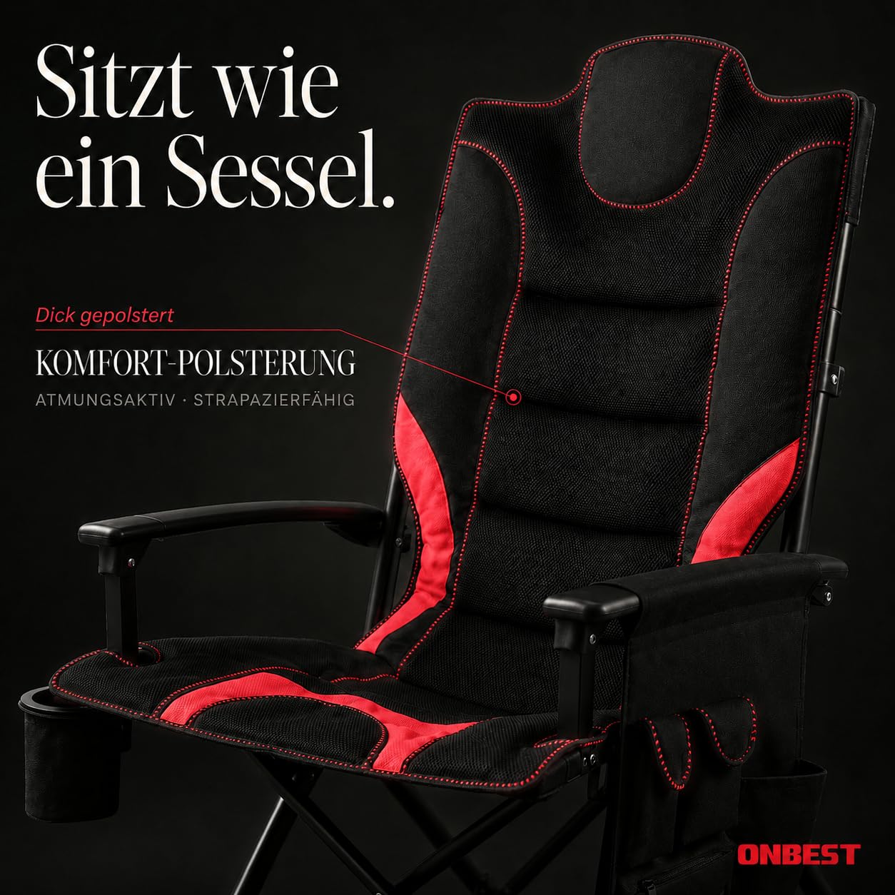Onbest Campingstuhl faltbar, Hochlehner bequem gepolstert mit viel Stauraum, Getränkehalter, 2 Armlehnen, bis 150 kg belastbar, Klappstuhl kompakt & leicht mit Tasche, Camping Stuhl