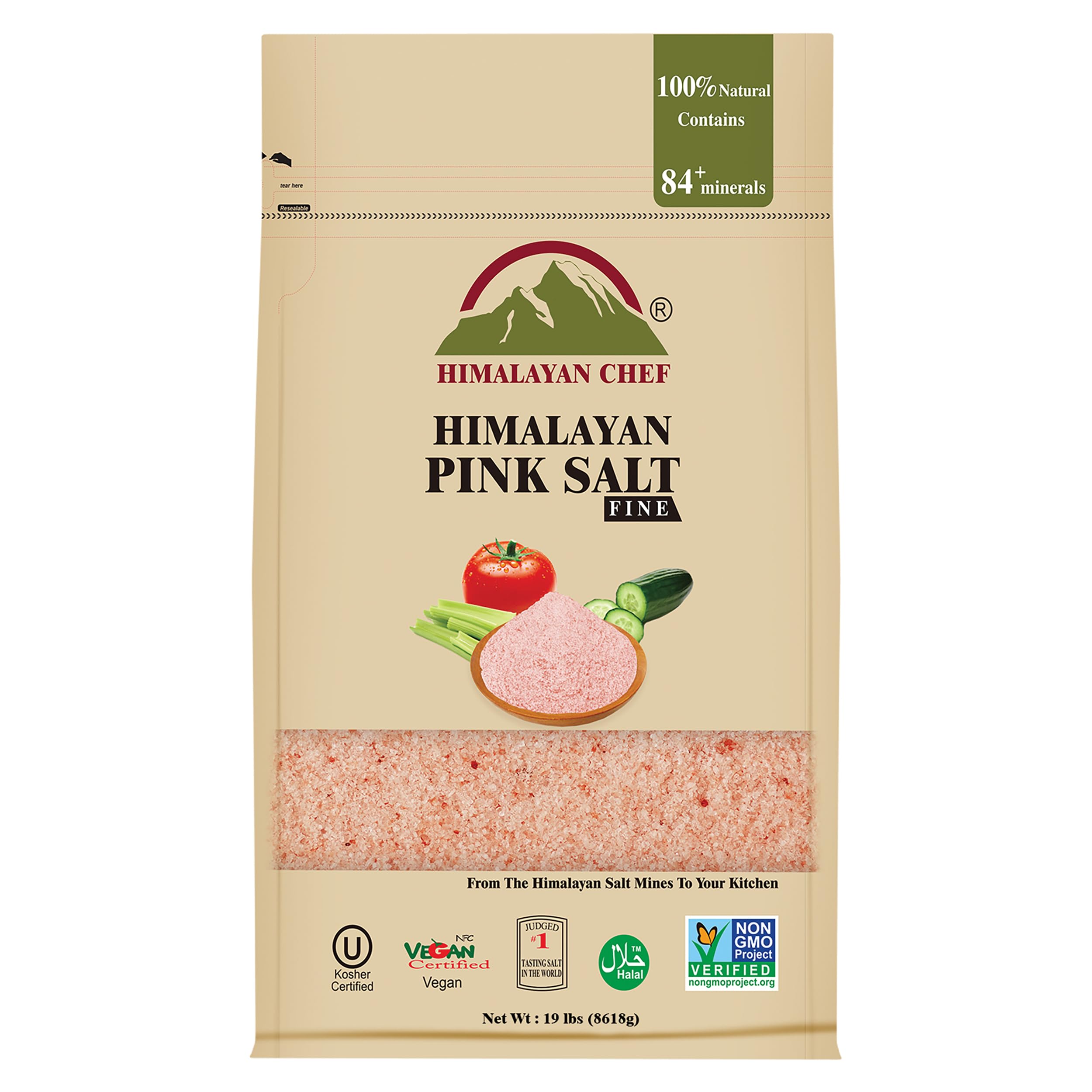 Himalayan Chef Pink Himalayan Salt, Extra Fine Grain, 19 lbs Bag – Pure, Natural, Kosher Certified, Non-GMO, Ideal for Cooking, Seasoning, and Flavor Enhancement