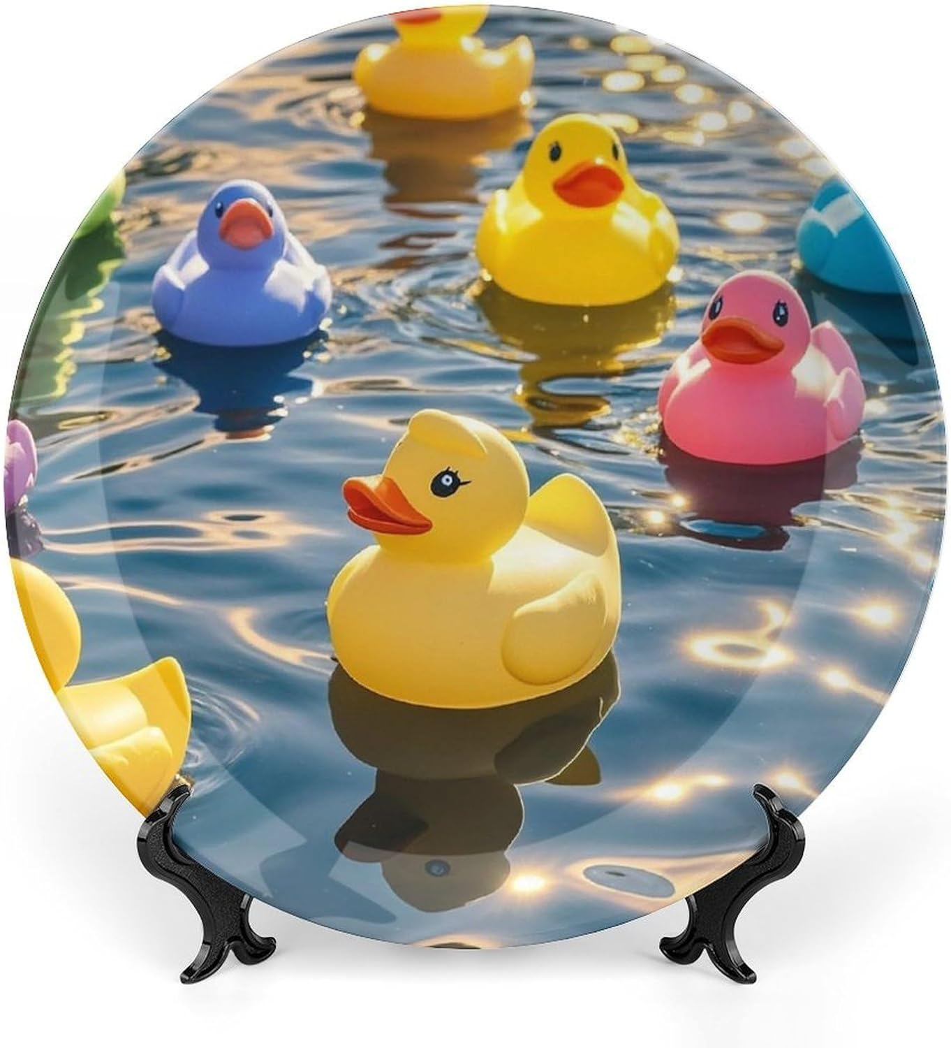 Rubber Ducks Decorative Ceramic Plate Round Porcelain Plate Decor Personalized Bone China Decorative Plates Ceramic Ornaments Dessert Plates with Display Stand 8inch