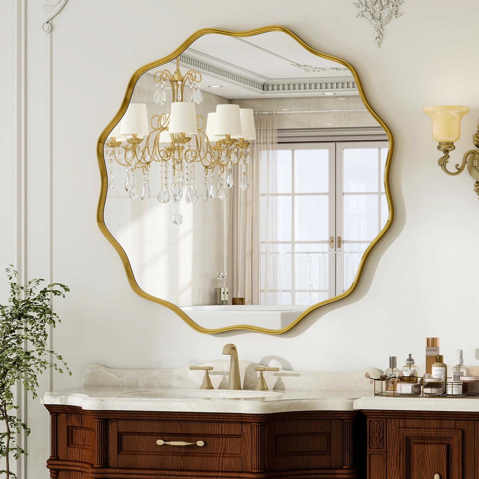 BEAUTYPEAK Miroir rond de 106 cm - Avec bord ondulé - Cadre en aluminium - Grand miroir rond à suspendre et à s'appuyer - Miroir mural rond pour chambre à coucher, salle de bain, couloir - Doré