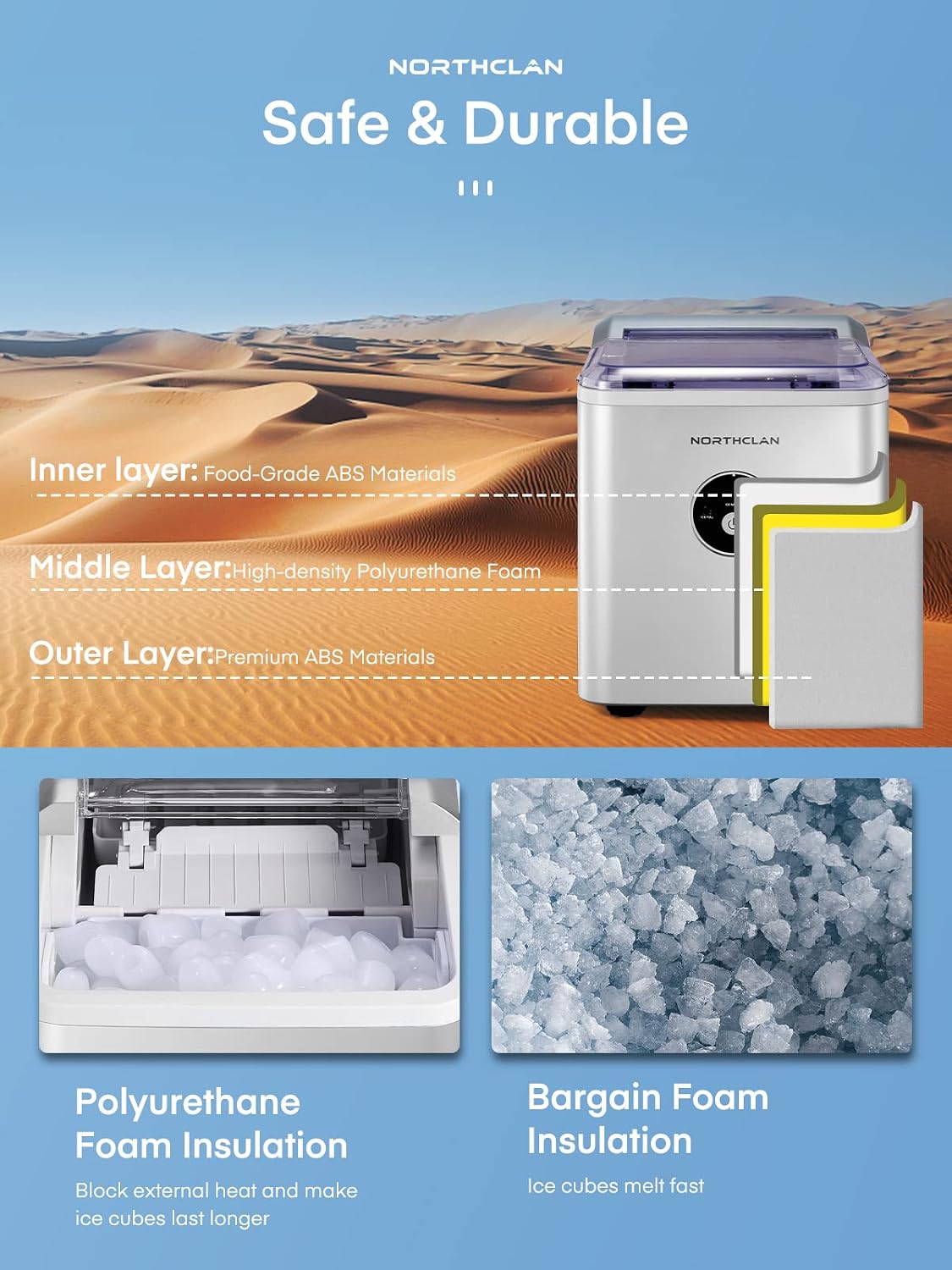 Diagram showing the layers of the NORTHCLAN Ice Maker for durability and insulation