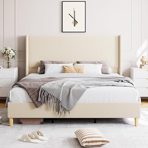 GarveeHome Queen Bed Frame, Upholstered Platform Corduroy Bed Frame with Vertical Channel Tufted Wingback Headboard, Strong Wooden Slats, No Box Spring Needed, Easy Assembly, Creamy Beige