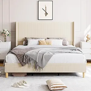 GarveeHome Queen Bed Frame, Upholstered Platform Corduroy Bed Frame with Vertical Channel Tufted Wingback Headboard, Strong Wooden Slats, No Box Spring Needed, Easy Assembly, Creamy Beige
