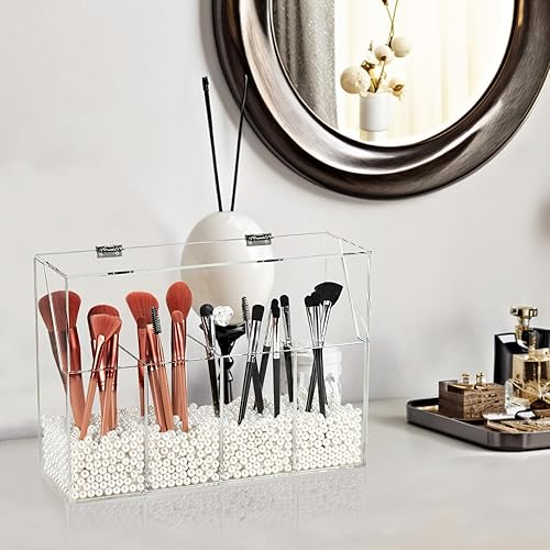 Miniatura 5 de Organizador de maquillaje acrílico, caja de almacenamiento transparente para brochas de cosméticos con 4 soportes para cepillos, soporte para