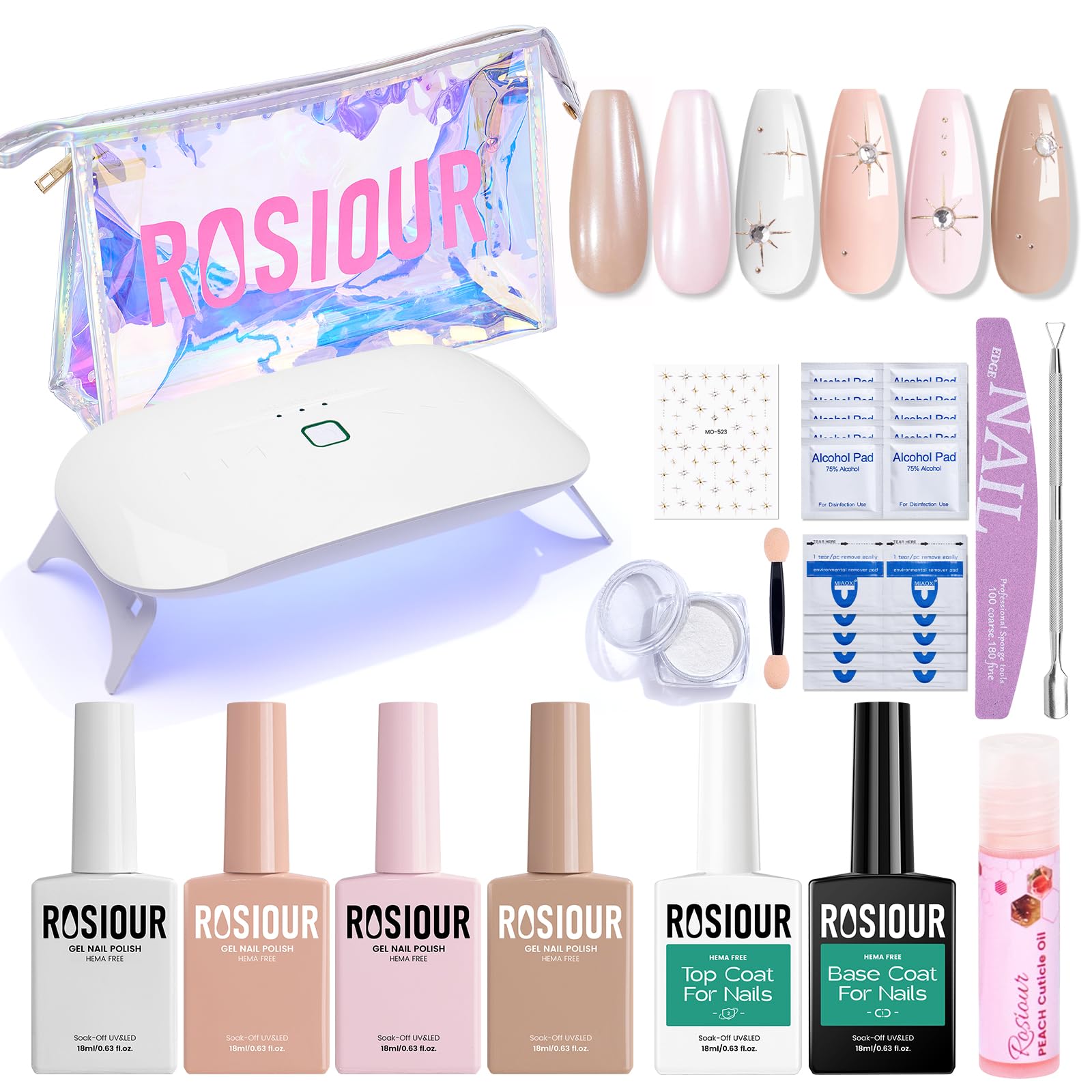 Rosiour TPO and HEMA Free Gel Nail Polish Kit with U V Light - White Nude Light Pink at Home Gel Manicure Kit with Base & Top Coat Chrome Nail Powder