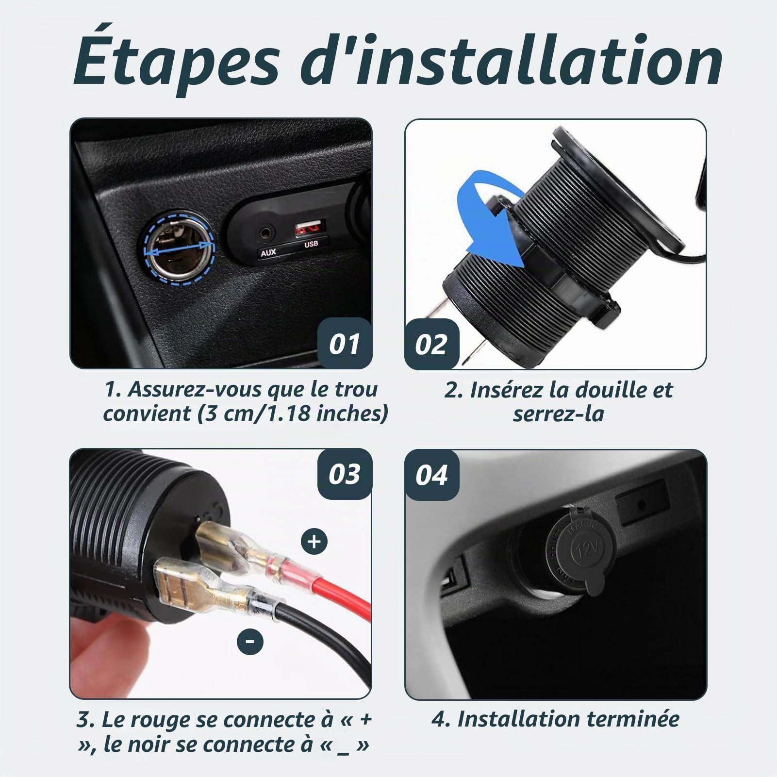 2 Pièces Prise Allume Cigare Étanche Voiture 12V avec Câble 60 cm pour Voiture Moto Bateau, Prise de Courant Accessoire DC 12 Volts Fusible Intégré, Raccordement Facile pour Appareils GPS Téléphone