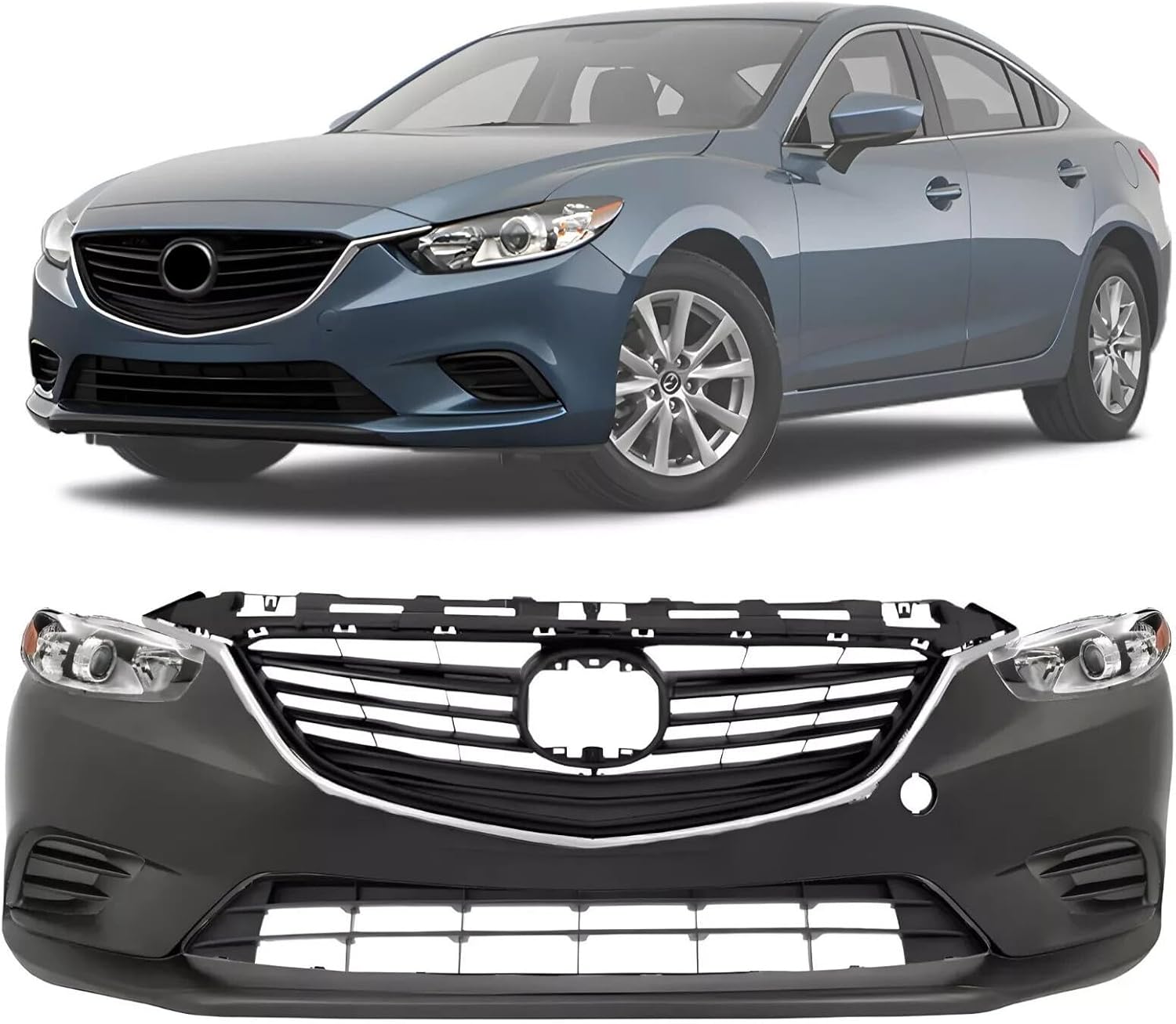 Front Bumper Cover Paintable & Headlight Assembly Kit Fit for MAZDDA 6 2014-2017 Bumper Grille Cover Headlight Kit