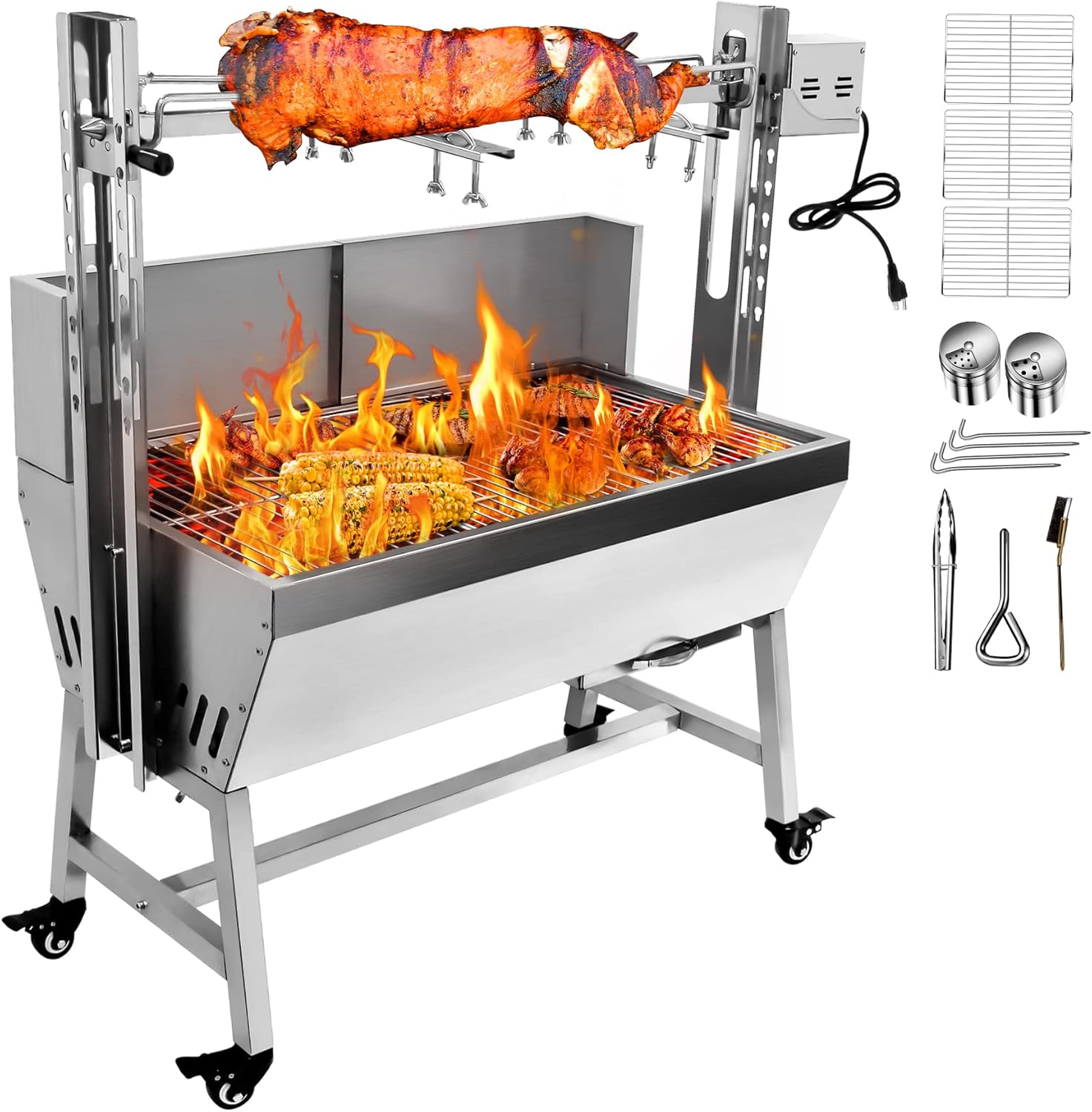 Stainless Steel Rotisserie Grill with Back Cover Guard, 25W Motor Small Pig Lamb Roaster, 37'' 2 in 1 BBQ Charcoal Rotisserie Grill for Camping Outdoor Kitchen