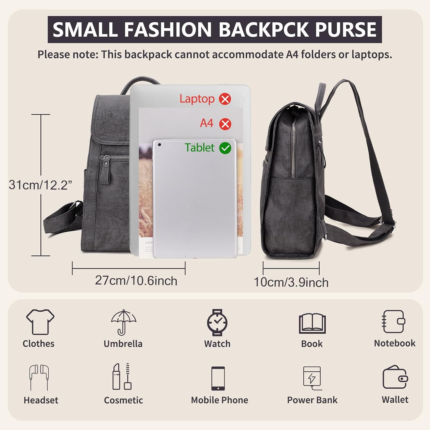 VX VONXURY Backpack Purse for Women,Lightweight Fashion Faux Leather Small Travel Daypack with Multiple Pockets(Grey)