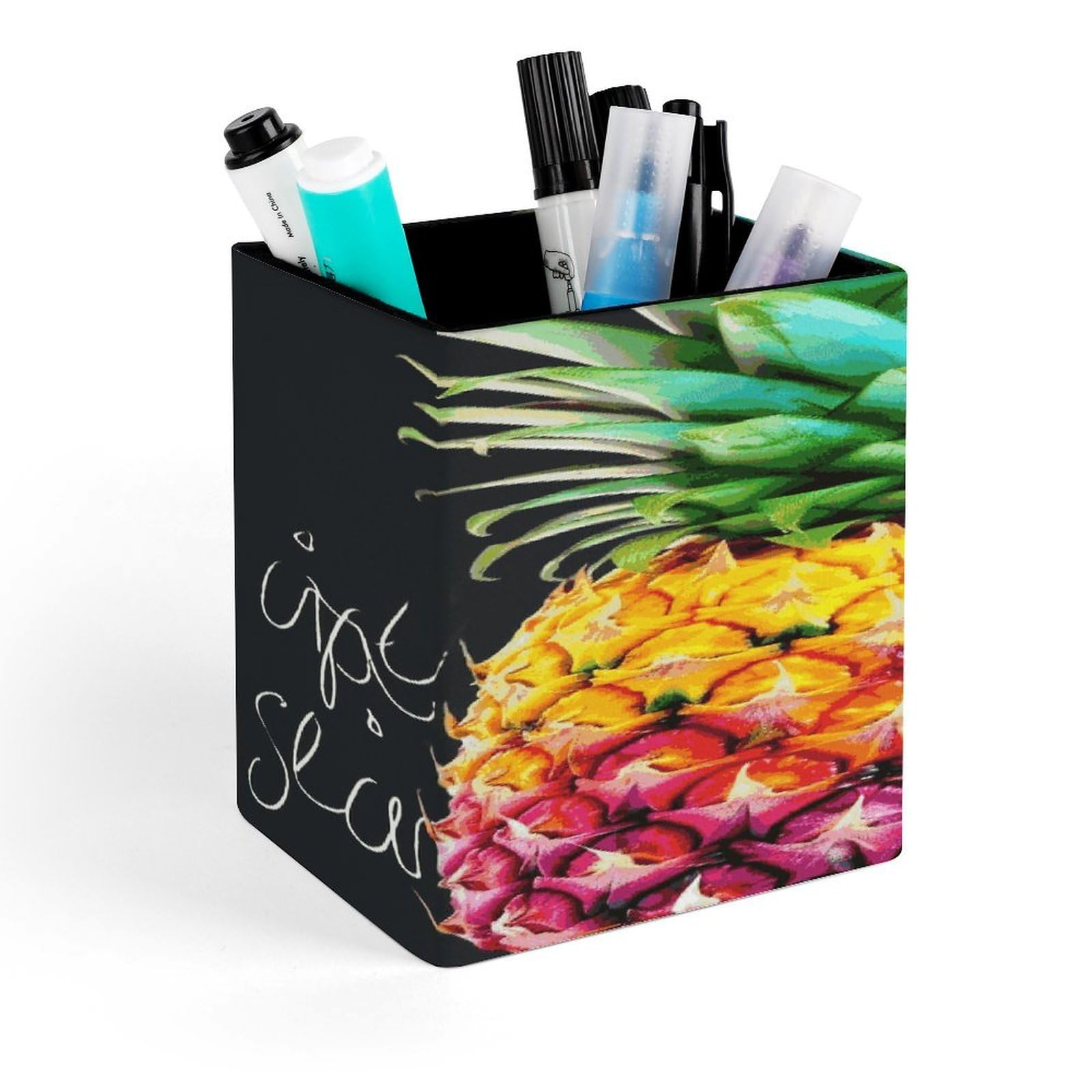 MUSM Colorful Fruit Pineapple Pen Holder Square PU Leather Desktop Organizer And Makeup Brush Holder Storage Box Modern Design Stationery Organizer for Office Desk Accessory