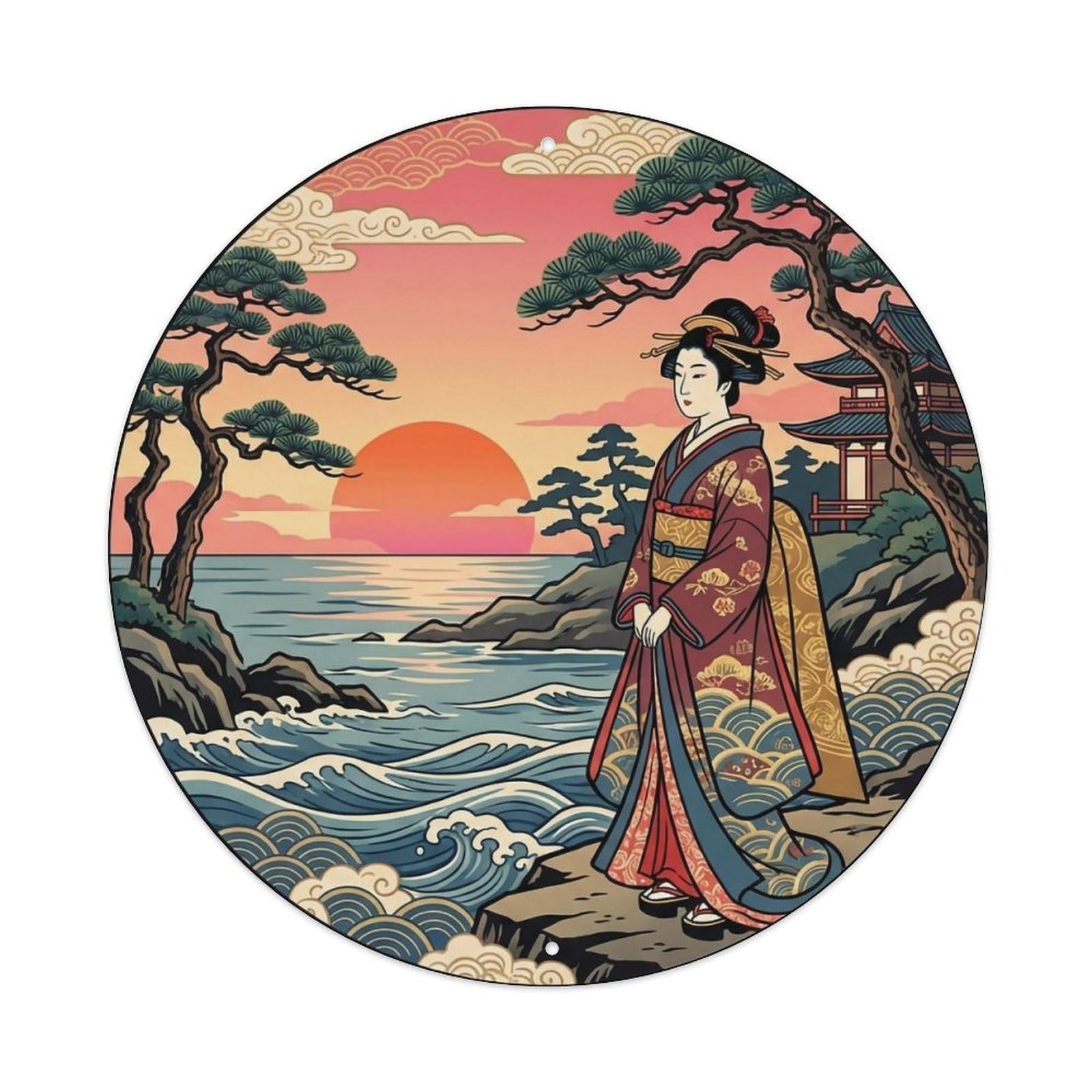 Japanese Geisha Seaside Sunset Observing Ocean Metal Tin Sign