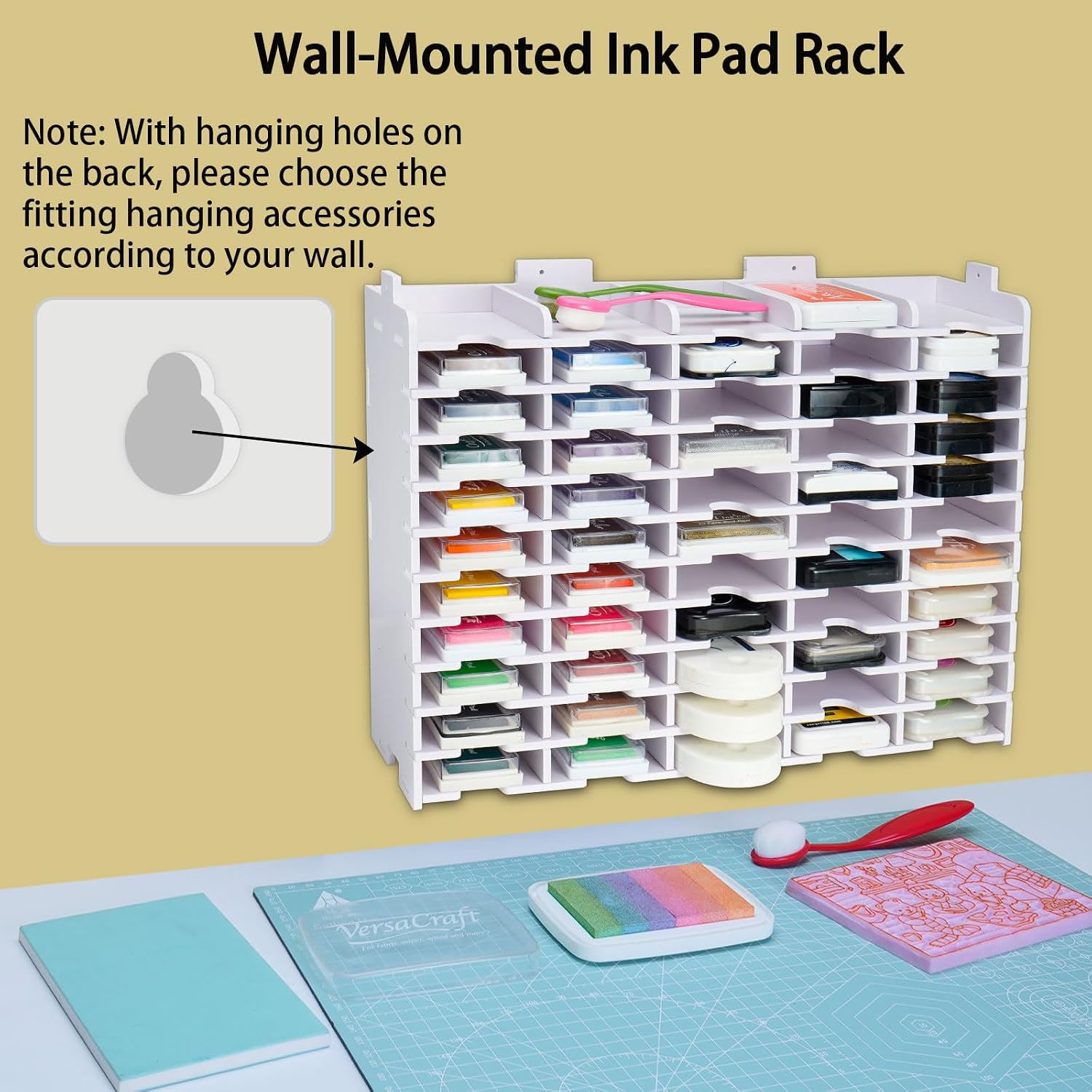 SANFURNEY 55 Slots Ink Pad Storage Holder Wall-Mounted Stamp Pad Organizer Fit for Ranger or TSUKINEKO Ink Pads, Diamond Painting Tray Rack, Craft Supply Organizer Hodler for Desktop
