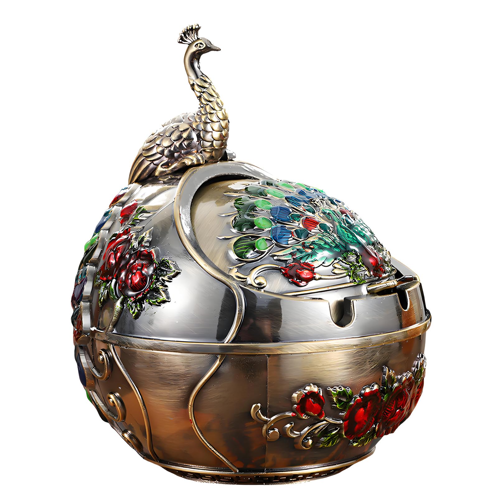 Covered Windproof Ashtray Holder with Lid, Decorative Metal Tabletop Ashtray with Bird Ornament and Two Rest Slots for Balcony Use Covered Wind Guard Holder Decorative Metal Tabletop Tray Lidded Bird