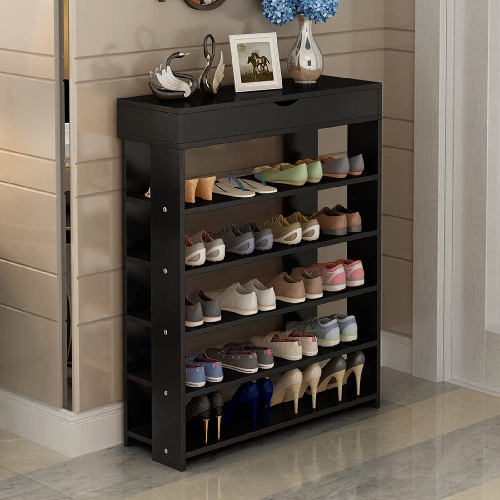 sogesfurniture BHEU-L24-BK - Scarpiera in legno, a 5 livelli, porta scarpe, porta di stoccaggio all'ingresso, per camera/soggiorno, 75 x 30 x 94 cm, nero
