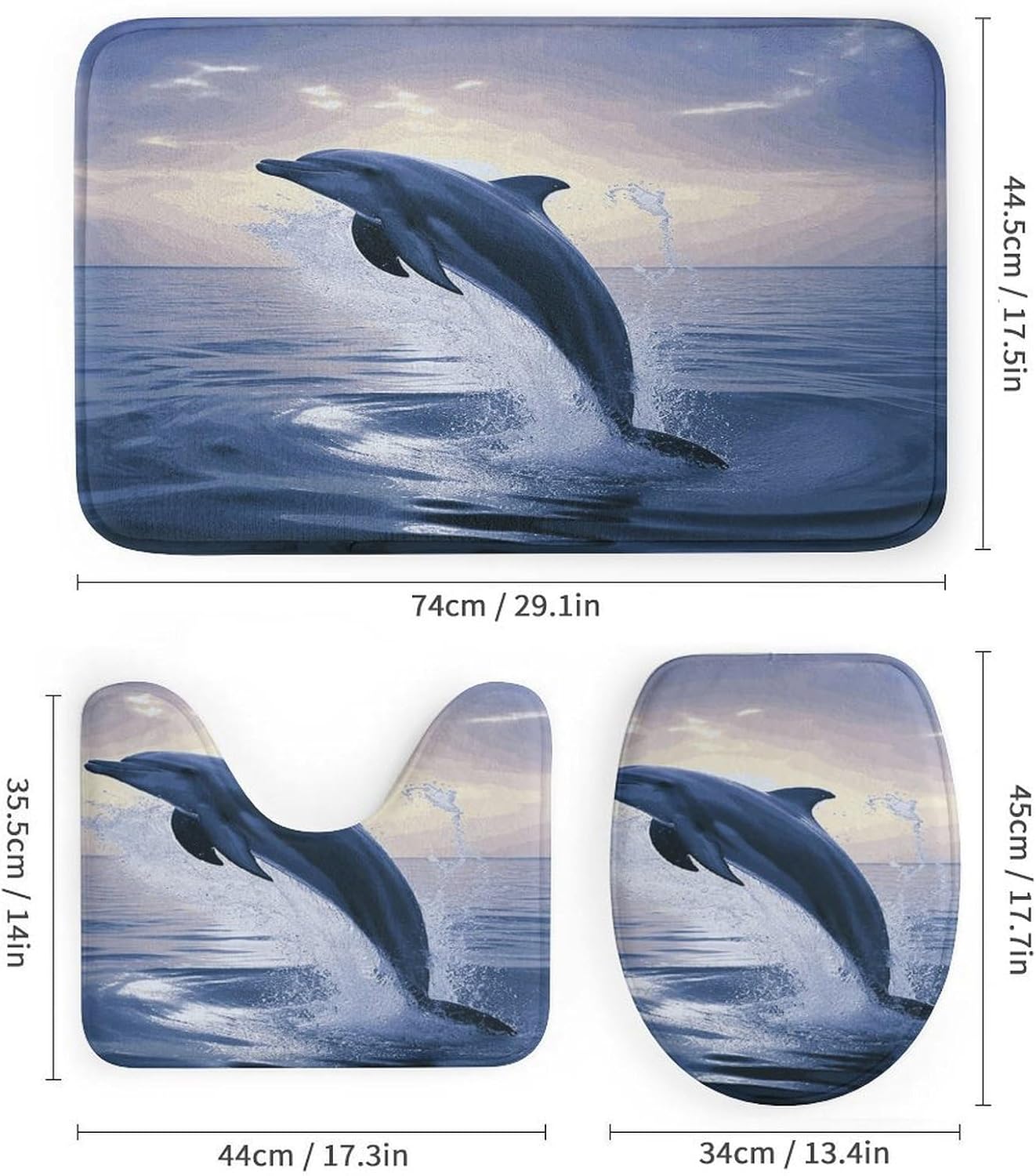 Elegant Dolphin 4Pcs Shower Curtain Set with Non-Slip Rugs, Toilet Lid Cover and Bath Mat,Bathroom Set Decor Accessories,Curtain Set with 12 Hooks, 72 X 72 Inch
