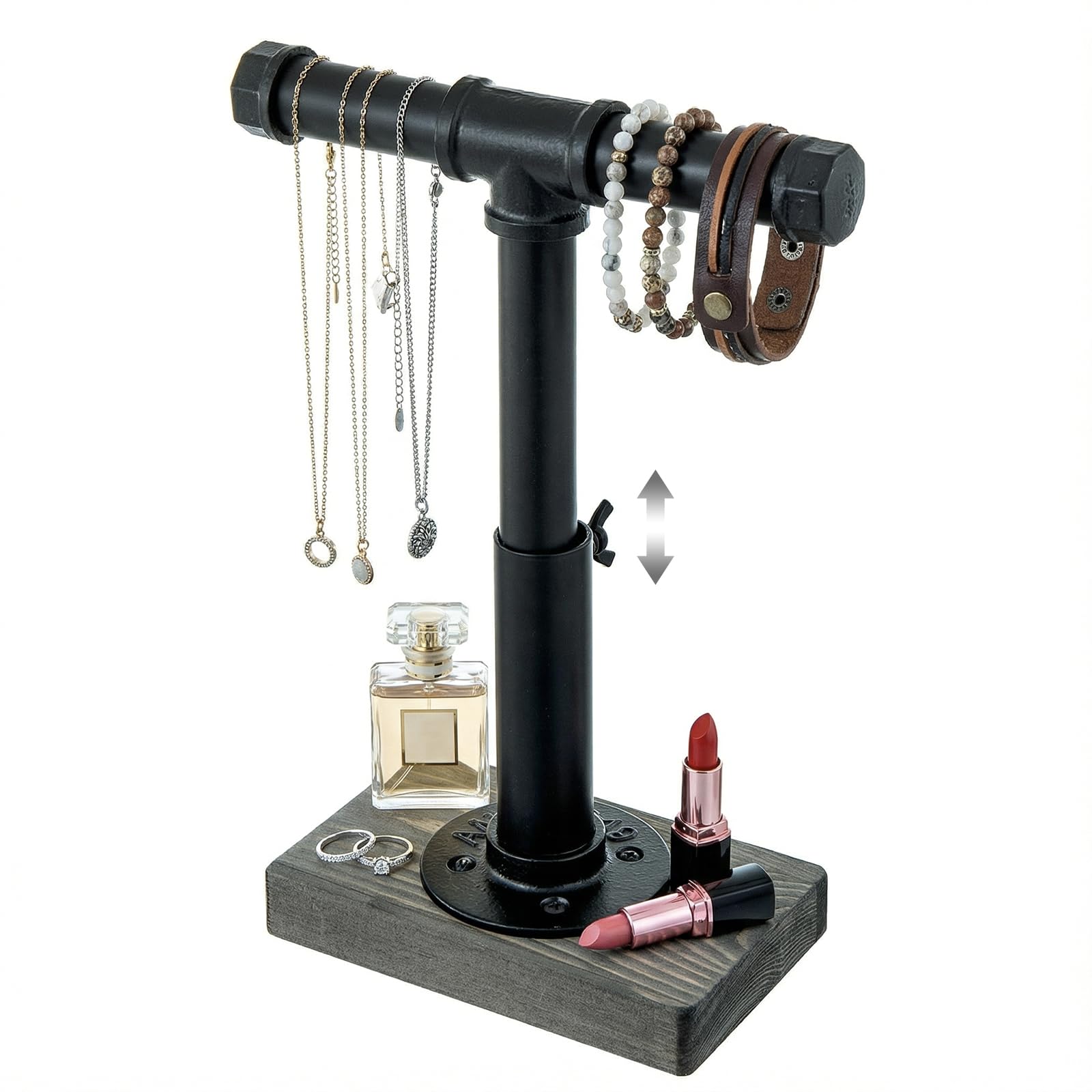 MyGift Adjustable Height Industrial Pipe Organizer Stand - Rustic T-Bar for Jewelry, Headphones, Medals, Kitchen Utensils & Display, Gray Wood Base (