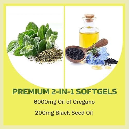Miniatura 4 de Aceite de orégano con aceite de semilla negra, cápsulas de aceite de orégano de 6000 mg, alto en carbohidratos, sin OMG, sin gluten, antioxidante y