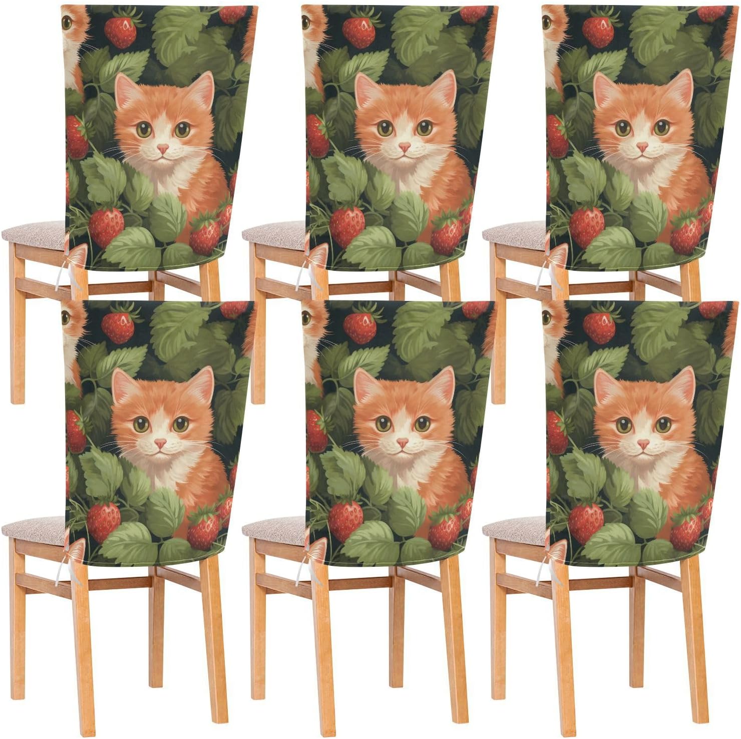 ALAZA Strawberry Cute Cats Chair Back Cover Set of 6, Washable Reusable Removable Chair Slipcovers Decorative Chair Cover for Home Kitchen Wedding Party