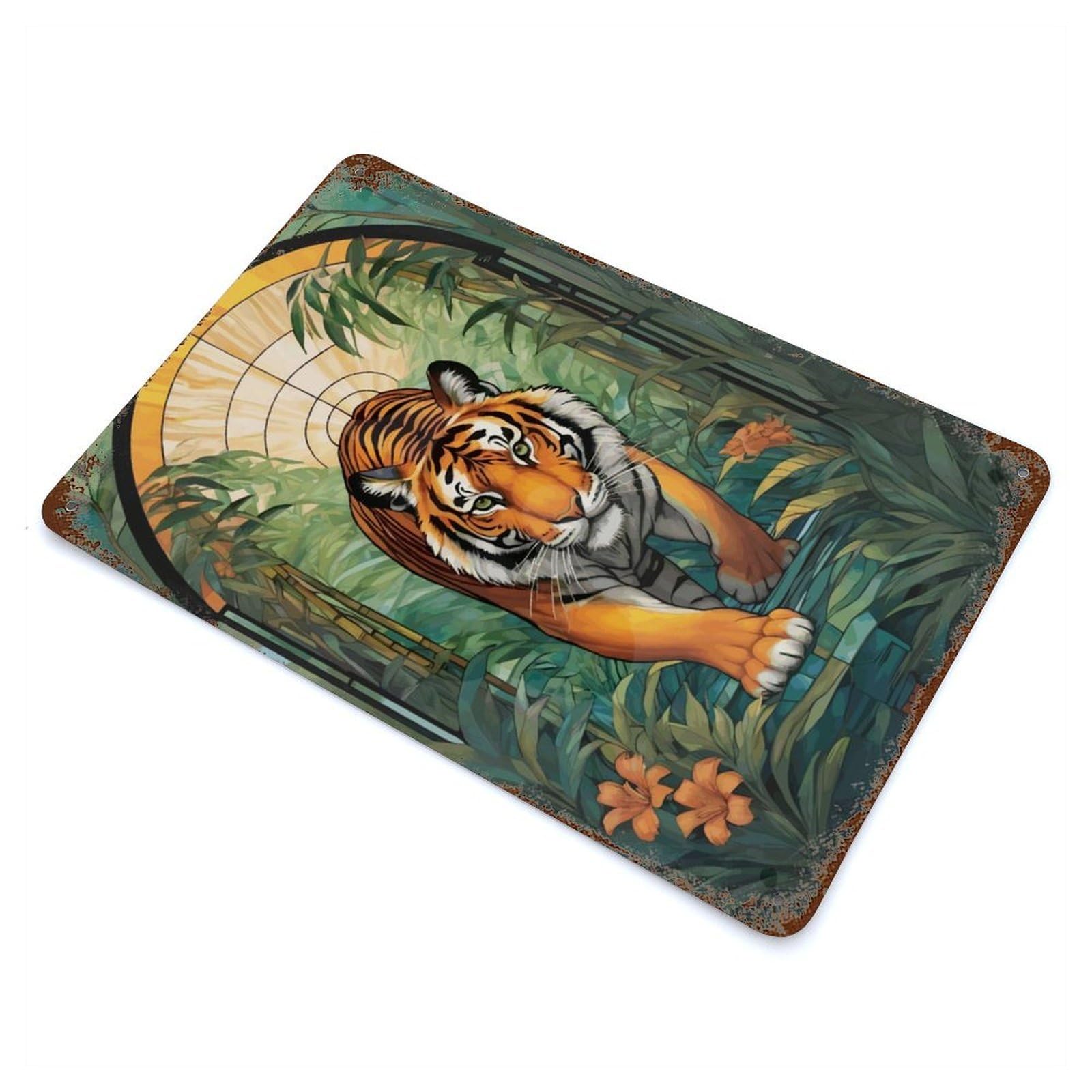 Tiger in Jungle Stained Glass 11.8"x7.9" Vintage Rust Metal Sign, Classic Wall Plaque for Pub, Kitchen And Man Cave Decor