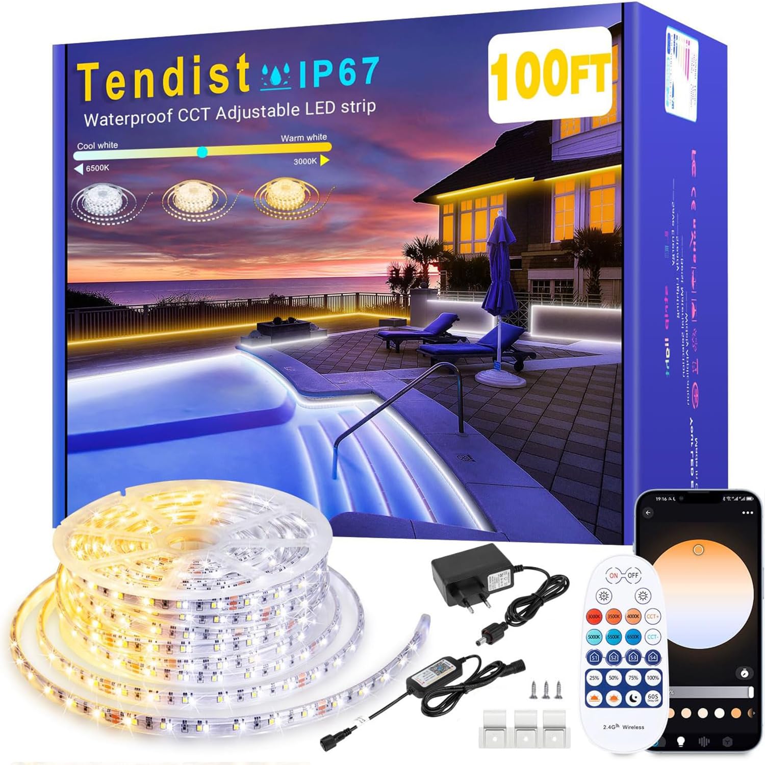 Photo 1 of TENDIST Outdoor LED Strip Lights Waterproof IP67, Dimmable 3000K-6500K Warm White LED Rope Lights Outdoor Waterproof with Remote & APP, 24v Adhesive Exterior Lighting for Patio, Deck, Gazebo (100FT)