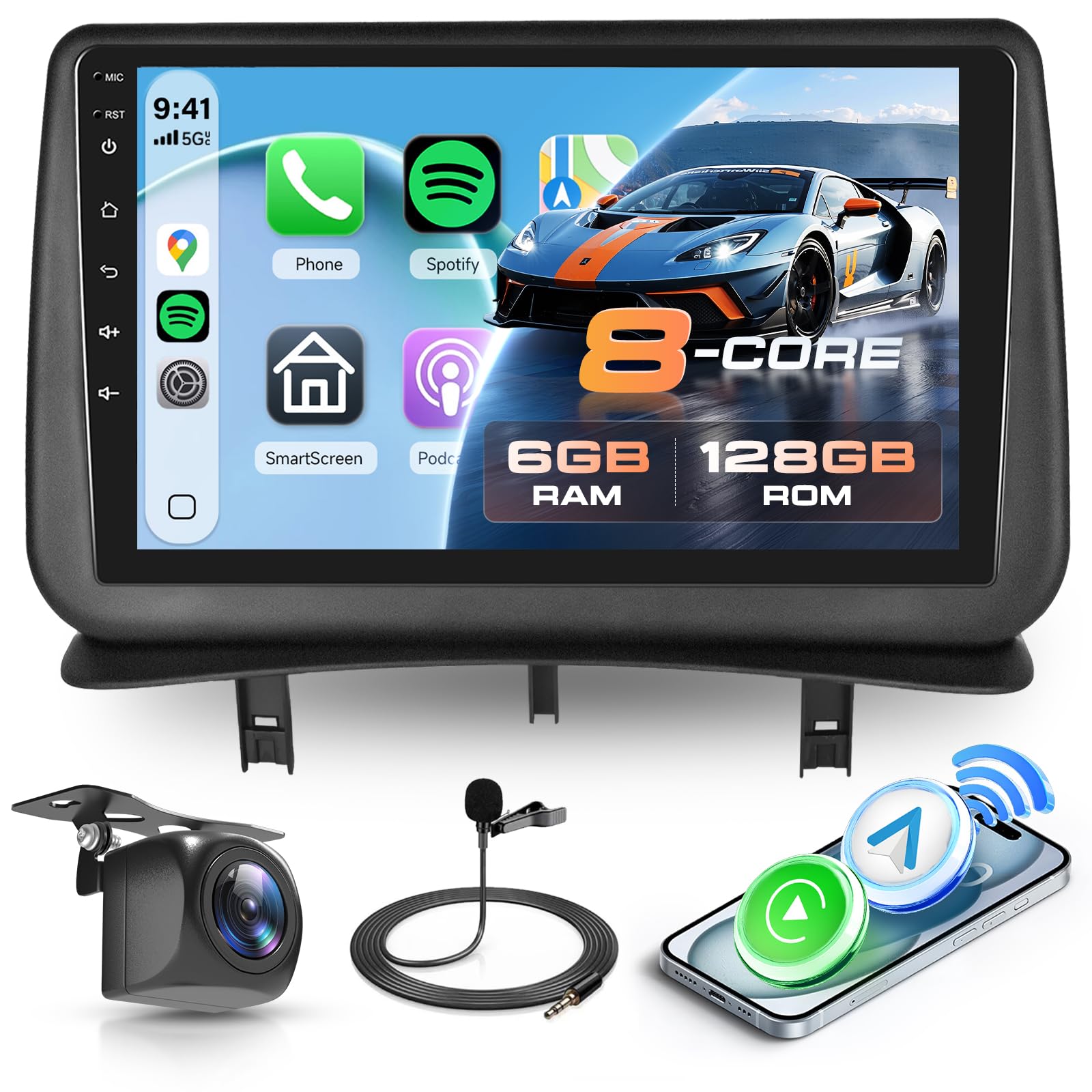 Hodozzy 6G+128G 8 Núcleos Radio para para Renault Clio 3th 2005-2014 Android 2 DIN GPS, Bluetooth HiFi Pantalla Táctil 9 Pulgadas con Carplay Inalámbrico Android Auto, WiFi USB, FM RDS Cámara Atrás
