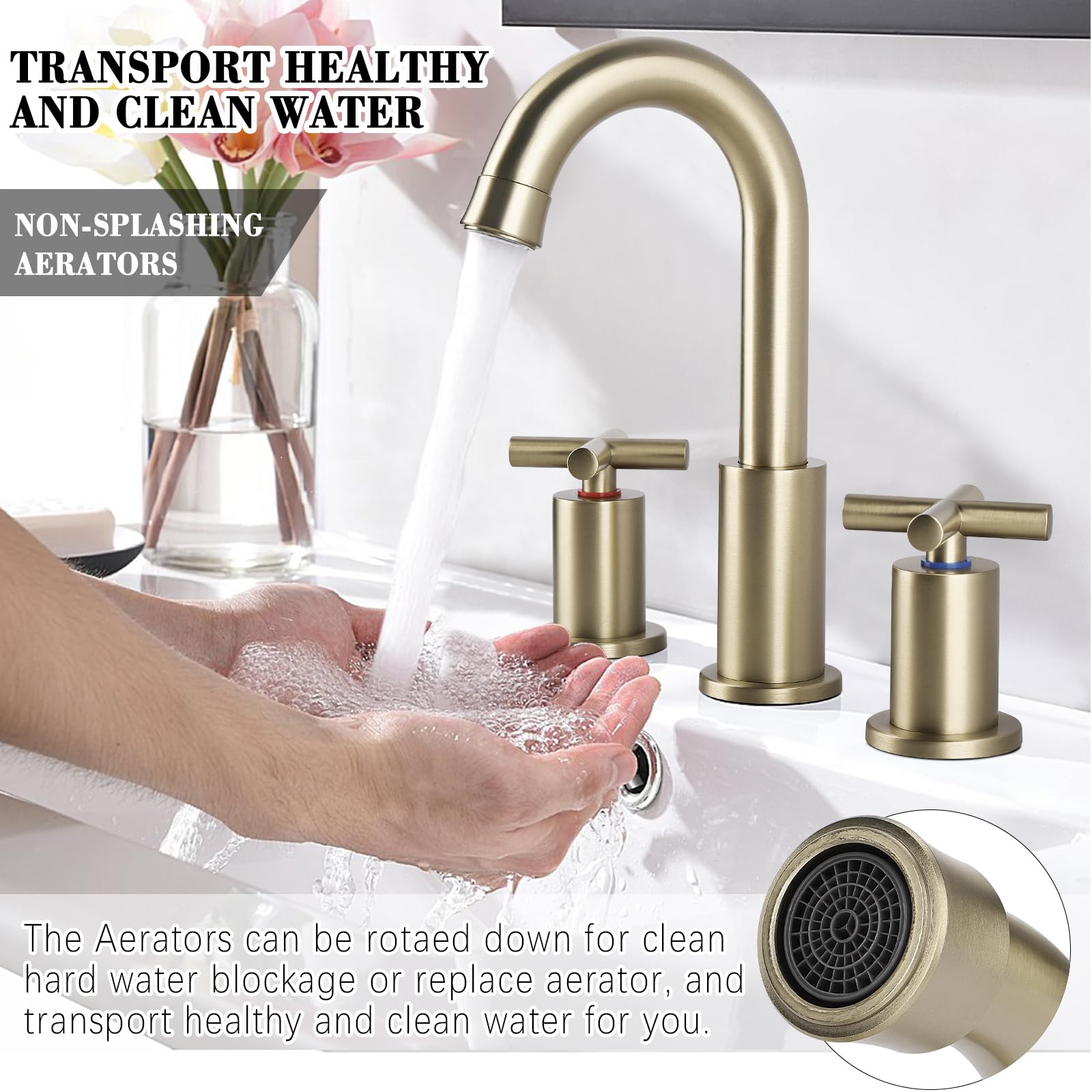 Grifo De Baño De 8 Pulgadas Para Fregadero De 3 Agujeros - Con Desagüe Desplegable, Mangos Duales Y Boquilla Giratoria 360°, Fácil Instalación