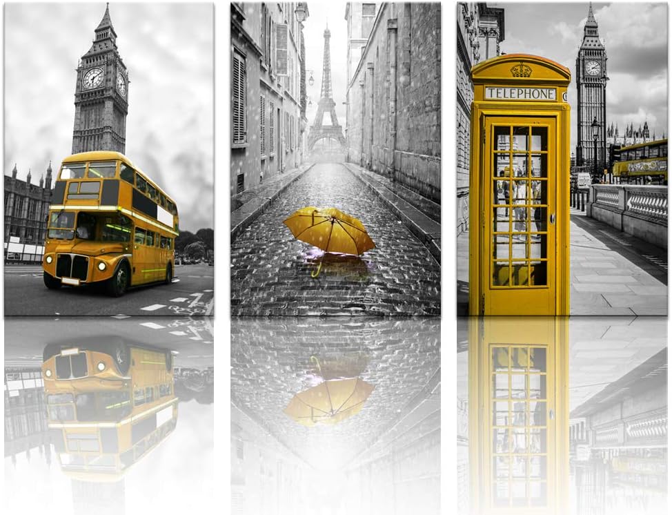 Biuteawal - 3 Panel City Wall Art Paris Eiffel Tower Picture Prints London Big Ben with Telephone Booth Landscape Painting on Canvas Black and Yellow Artwork for Home Decor