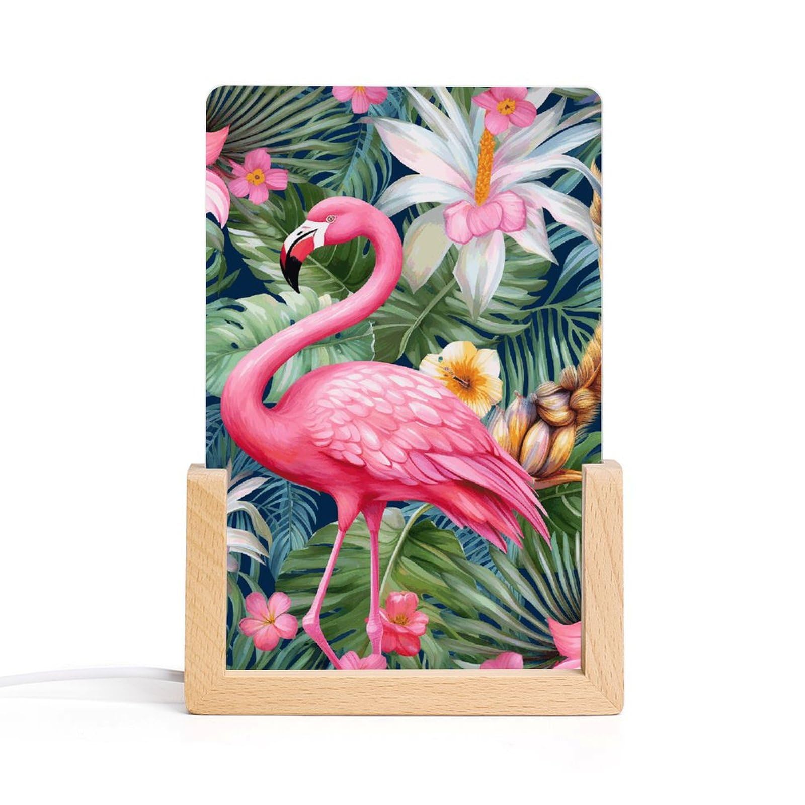 JTREHY Acrylic Night Light,Flamingo Floral Pattern Printed Wooden Base LED Night Light Modern Home Decoration Light with USB Switch Cable for Bar Cafe Bedroom Room Decoration
