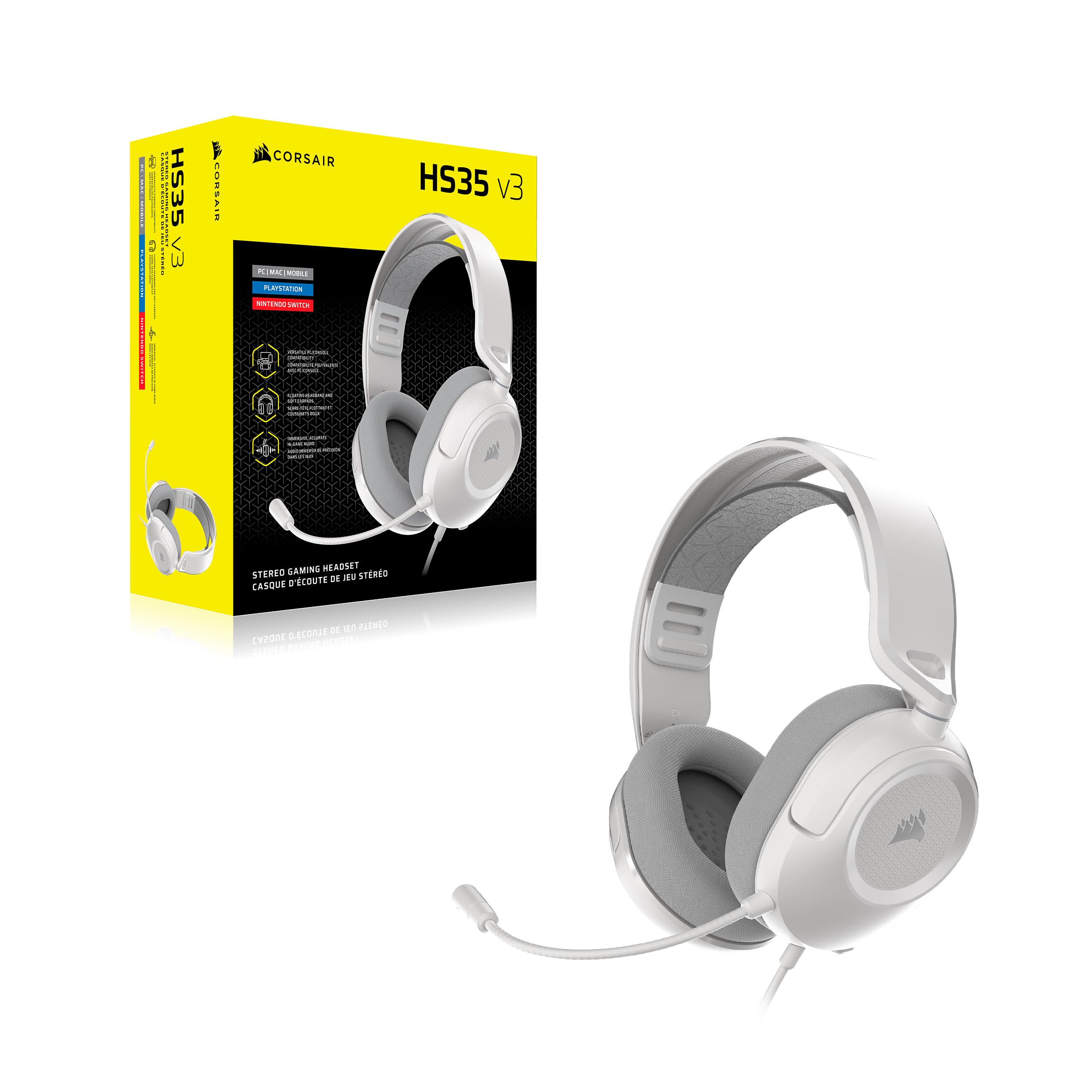 Corsair HS35 V3 Gaming-Headset, kabelgebunden, mit Mikrofon, PC/PS5/PS4/Switch/Xbox/Mac, leicht und bequem, 3,5 mm, Weiß