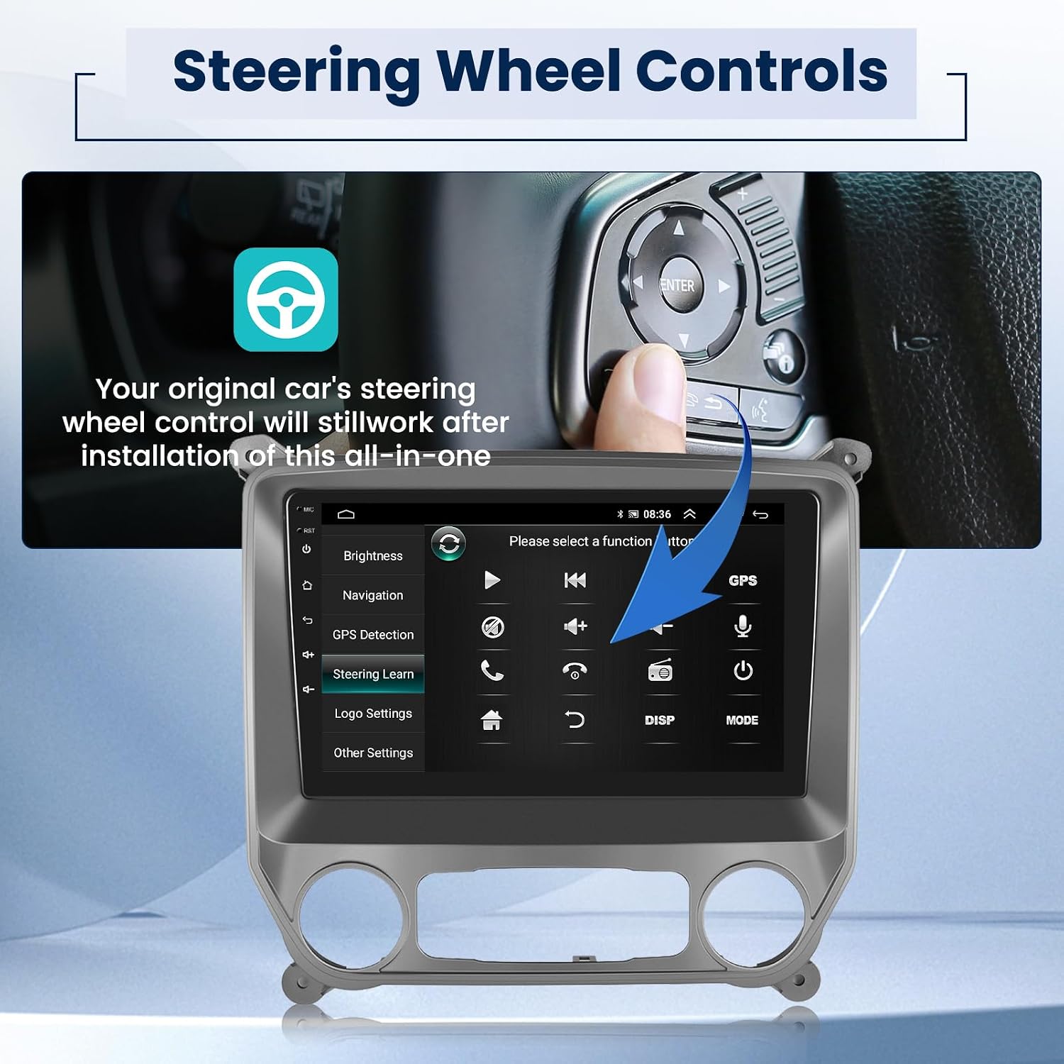 Car stereo screen showing steering wheel control learning interface, with a hand pressing a steering wheel button.