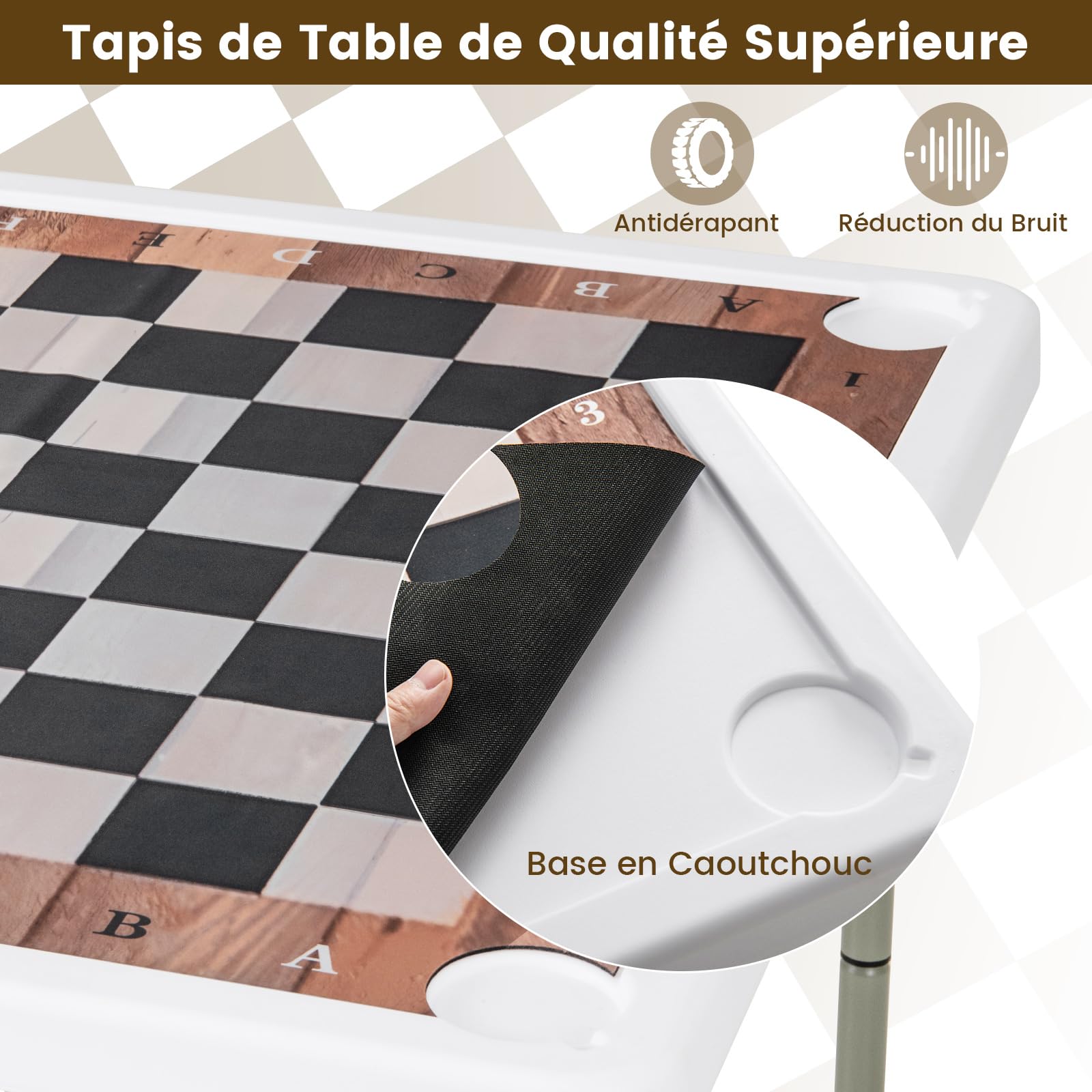 COSTWAY Table d'échecs Pliable 90x90cm avec Tapis & 4 Porte-gobelets, Table Carrée de Jeu en Plastique Portable avec Poignée & Patins Antidérapants, Echiquier pour Fête Pique-Nique Camping